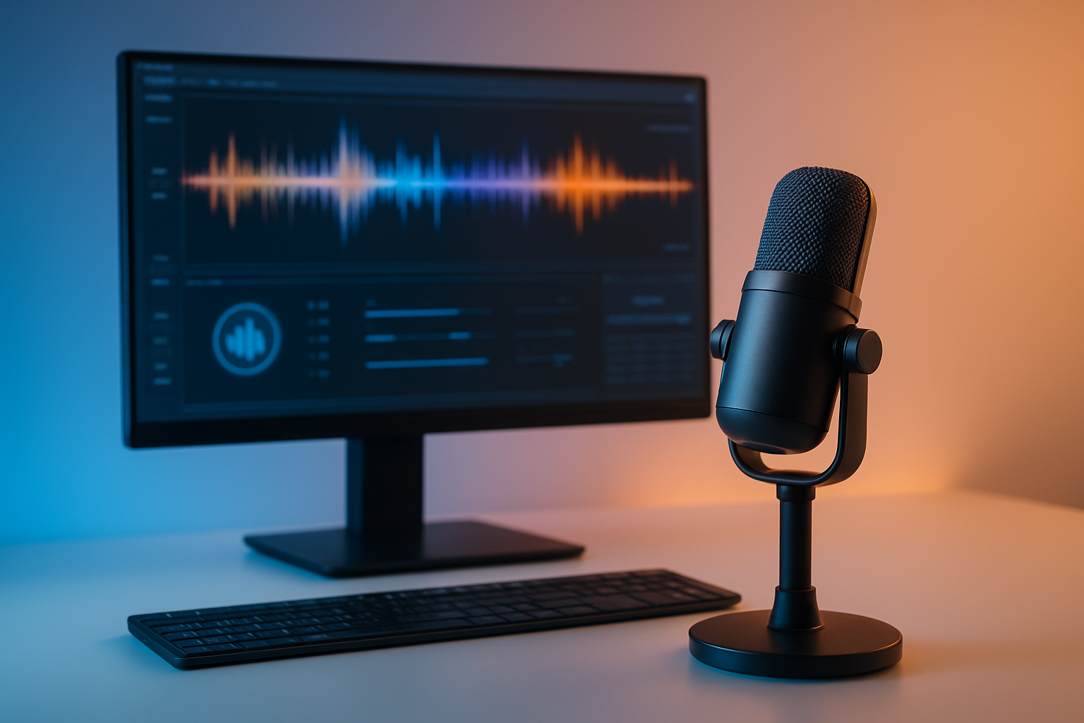 Create a realistic image of a modern computer workstation with a sleek monitor displaying colorful audio waveforms and voice synthesis interface elements, featuring a high-quality microphone on a desk stand positioned prominently in the foreground, with subtle blue and orange ambient lighting reflecting AWS branding colors, clean white background with soft shadows, professional tech environment atmosphere suggesting voice AI technology and natural speech generation capabilities, absolutely NO text should be in the scene.