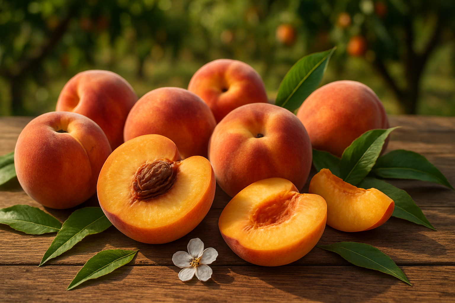 Create a realistic image of fresh, ripe peaches arranged on a rustic wooden table, with whole peaches displaying their fuzzy skin and natural peachy-orange coloration, alongside sliced peaches revealing the golden flesh and dark pit, scattered peach leaves in soft green tones, warm natural sunlight streaming from the side creating gentle shadows and highlights on the fruit, a few peach blossoms delicately placed near the arrangement, the background showing a soft-focused orchard or garden setting with blurred peach trees, conveying a wholesome, natural, and appetizing atmosphere that summarizes the complete essence of peaches from cultivation to consumption, absolutely NO text should be in the scene.