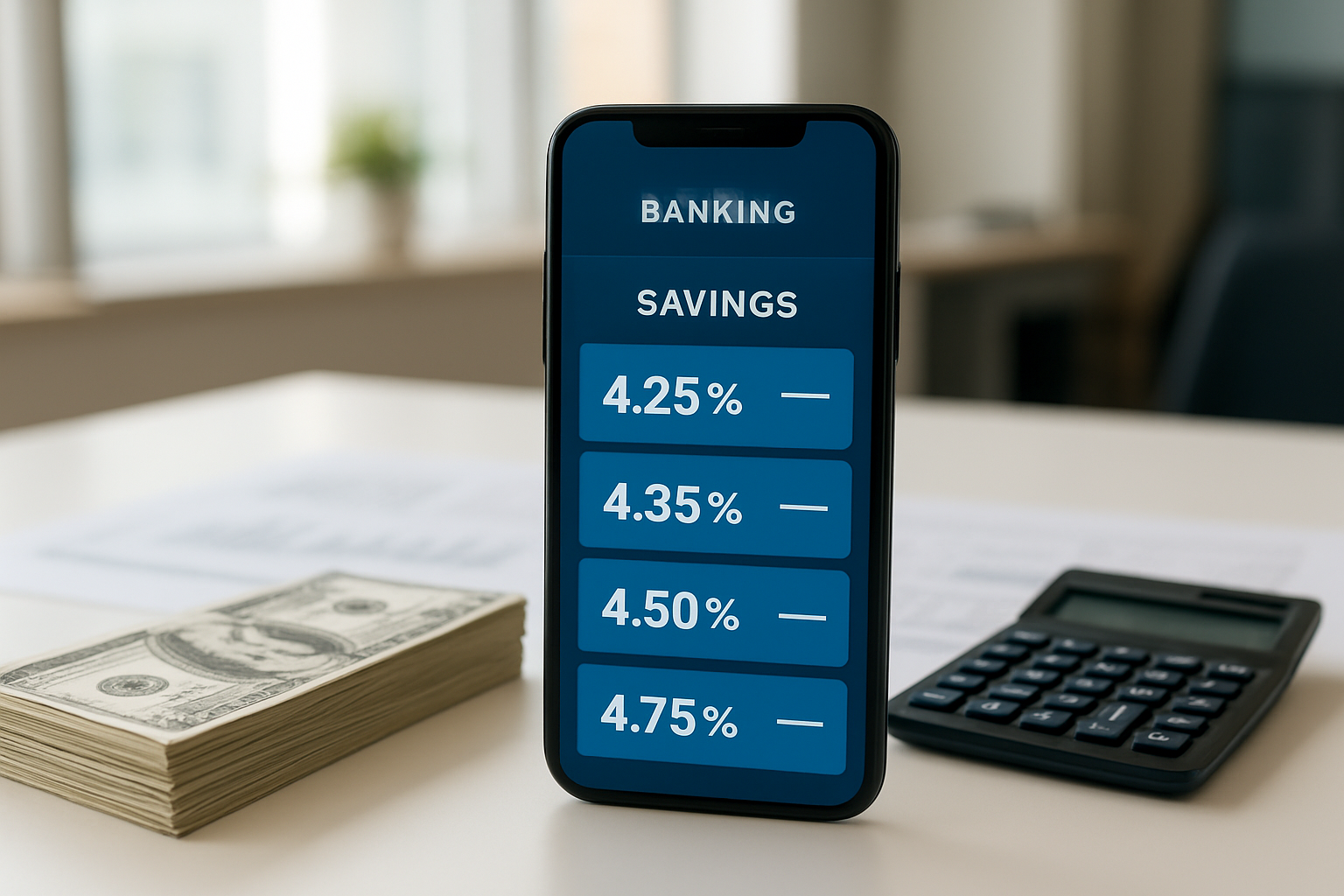 Create a realistic image of a modern smartphone displaying a banking app interface with multiple savings account options showing high interest rates, placed on a clean white desk next to stacks of crisp dollar bills, a calculator, and financial documents, with a professional office environment in the background featuring soft natural lighting from a window, creating a trustworthy and prosperous financial atmosphere. Absolutely NO text should be in the scene.