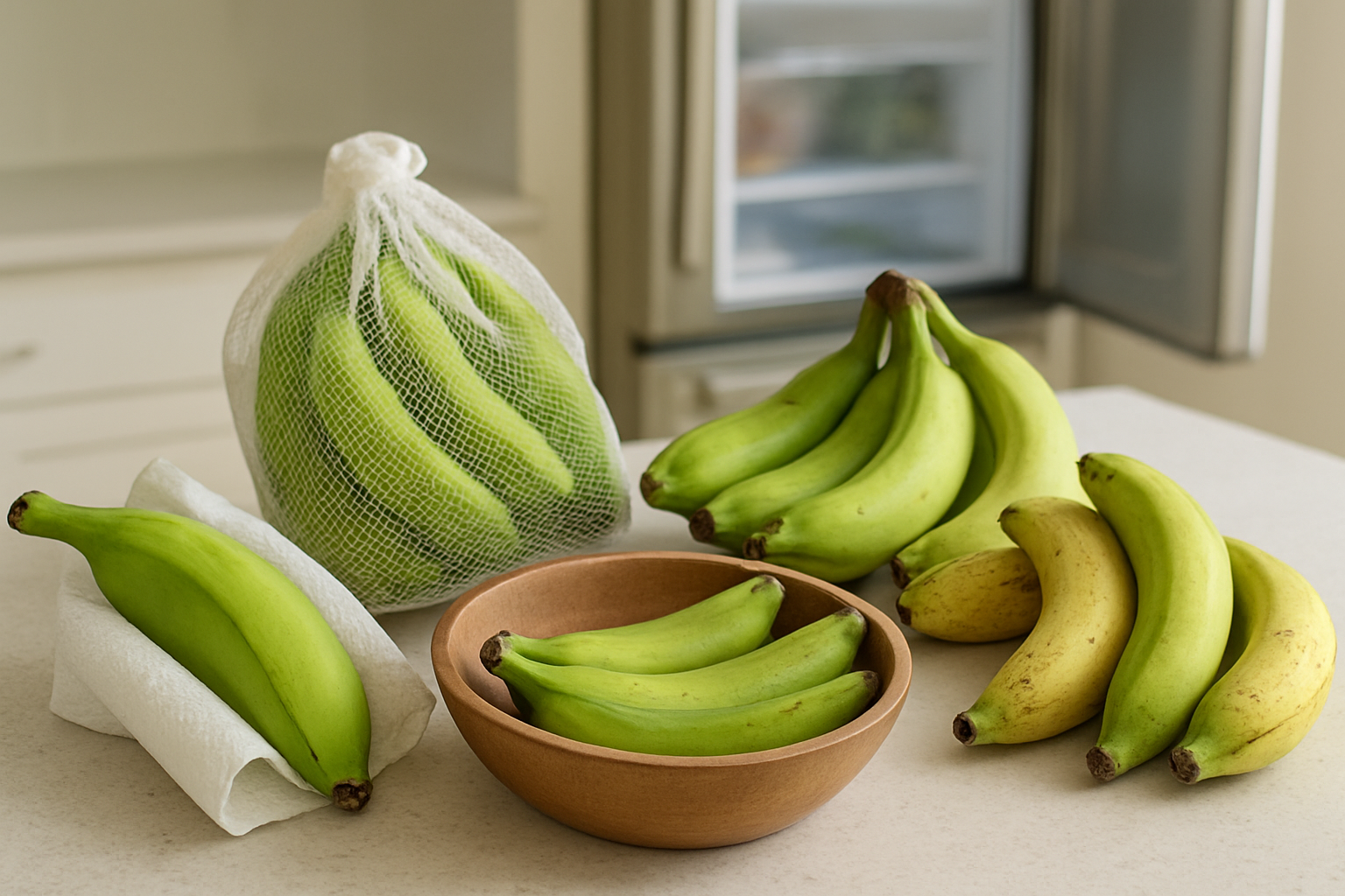 Create a realistic image of fresh green cooking bananas and plantains arranged on a clean kitchen counter, showing various stages of ripeness from bright green to yellow-green, with some stored in a breathable mesh bag, others wrapped in paper towels, and a few placed in a wooden bowl, alongside a refrigerator with its door slightly open in the background, under bright natural kitchen lighting that highlights the texture and freshness of the bananas, creating a clean and organized food storage scene that conveys freshness preservation, absolutely NO text should be in the scene.