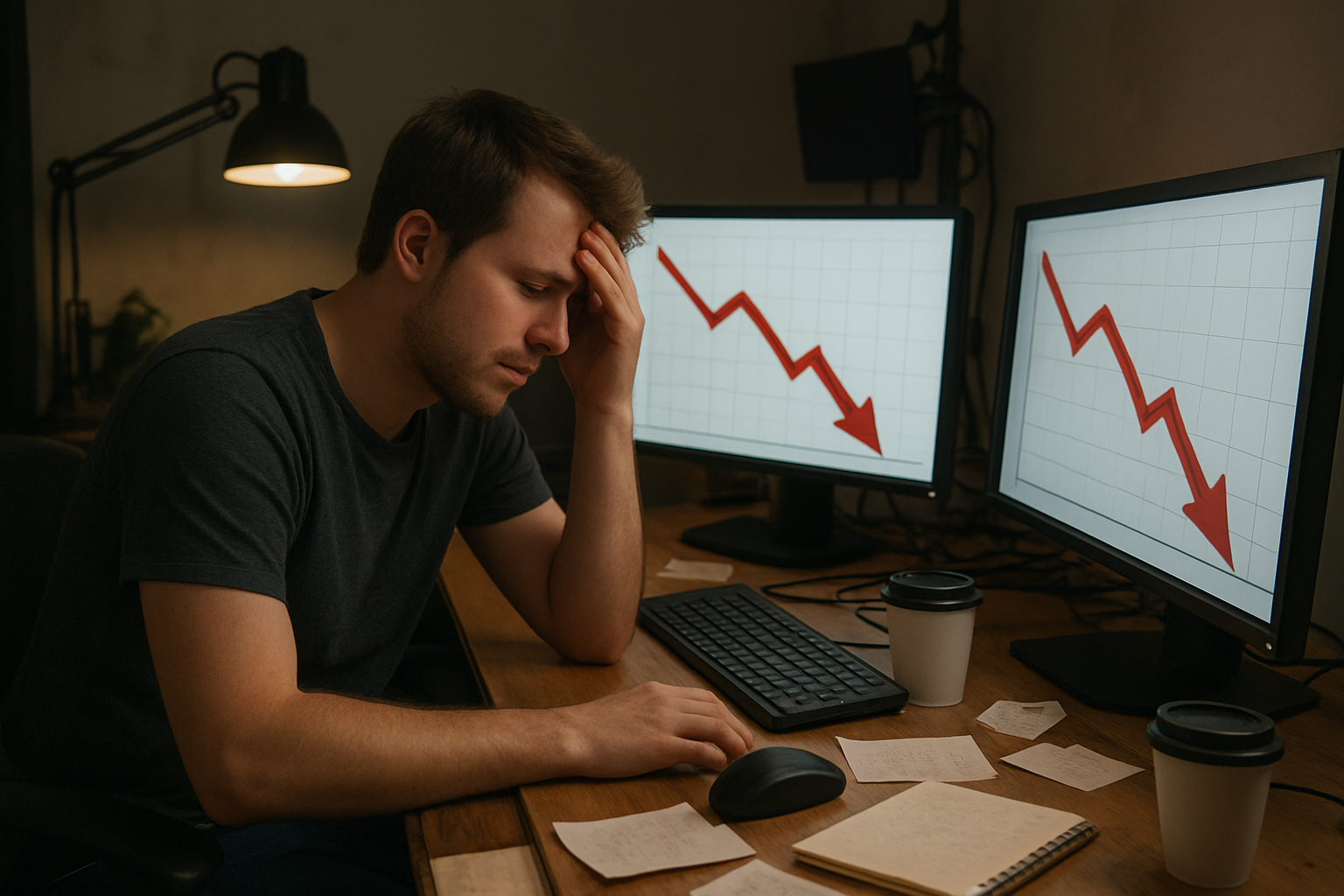 Create a realistic image of a frustrated young white male content creator sitting at a messy desk with multiple computer monitors showing declining YouTube analytics charts with red downward arrows, surrounded by scattered notes and empty coffee cups, with a dimly lit home office background featuring poor lighting setup with tangled cables and unprofessional equipment, conveying a mood of disappointment and missed opportunities, absolutely NO text should be in the scene.