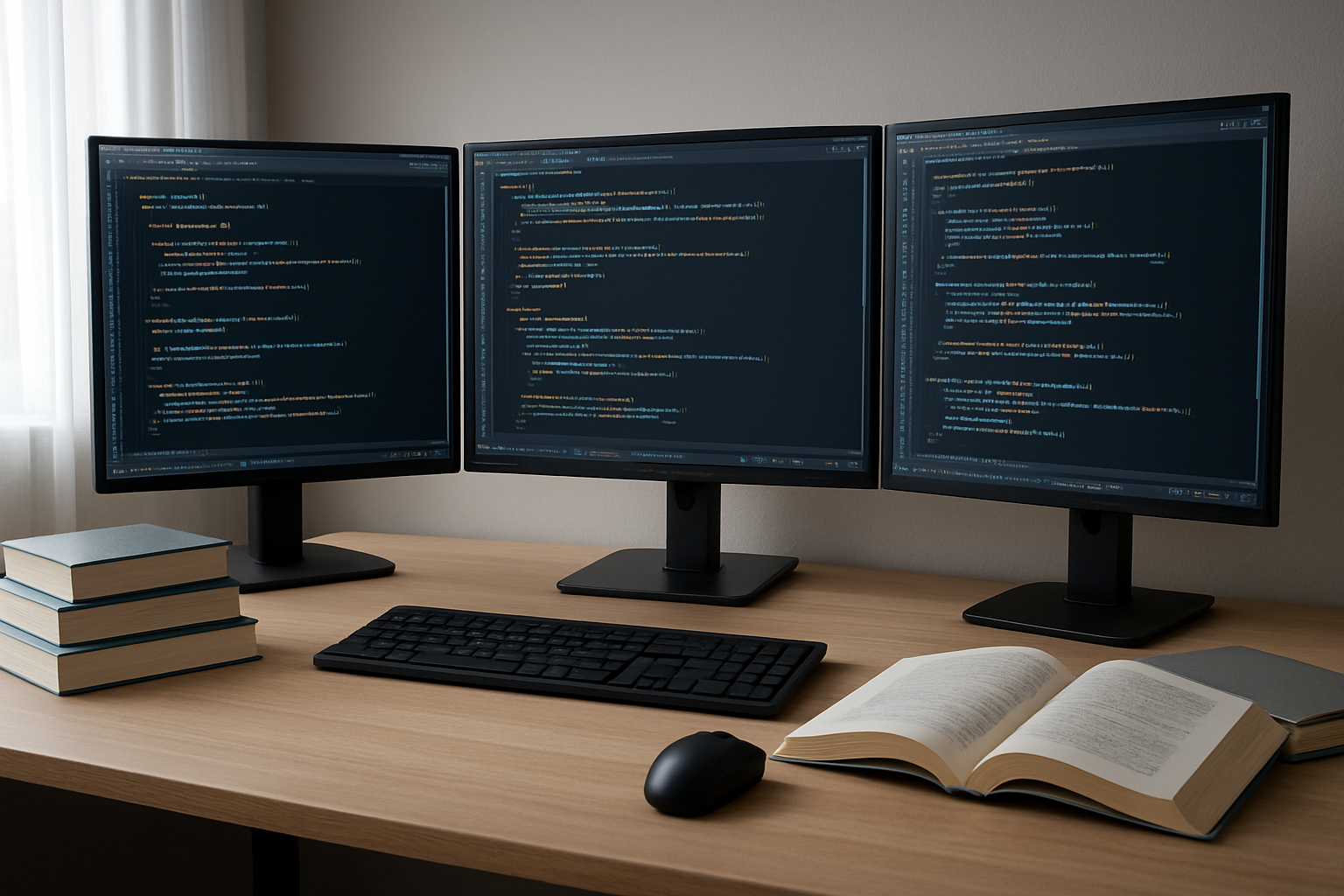 Create a realistic image of a modern computer workstation with multiple monitors displaying advanced Java code featuring complex programming concepts like multithreading, design patterns, and data structures, with Java IDE interfaces showing sophisticated code architecture, surrounded by programming books and reference materials on a clean desk, soft natural lighting from a window creating a focused learning atmosphere, absolutely NO text should be in the scene.