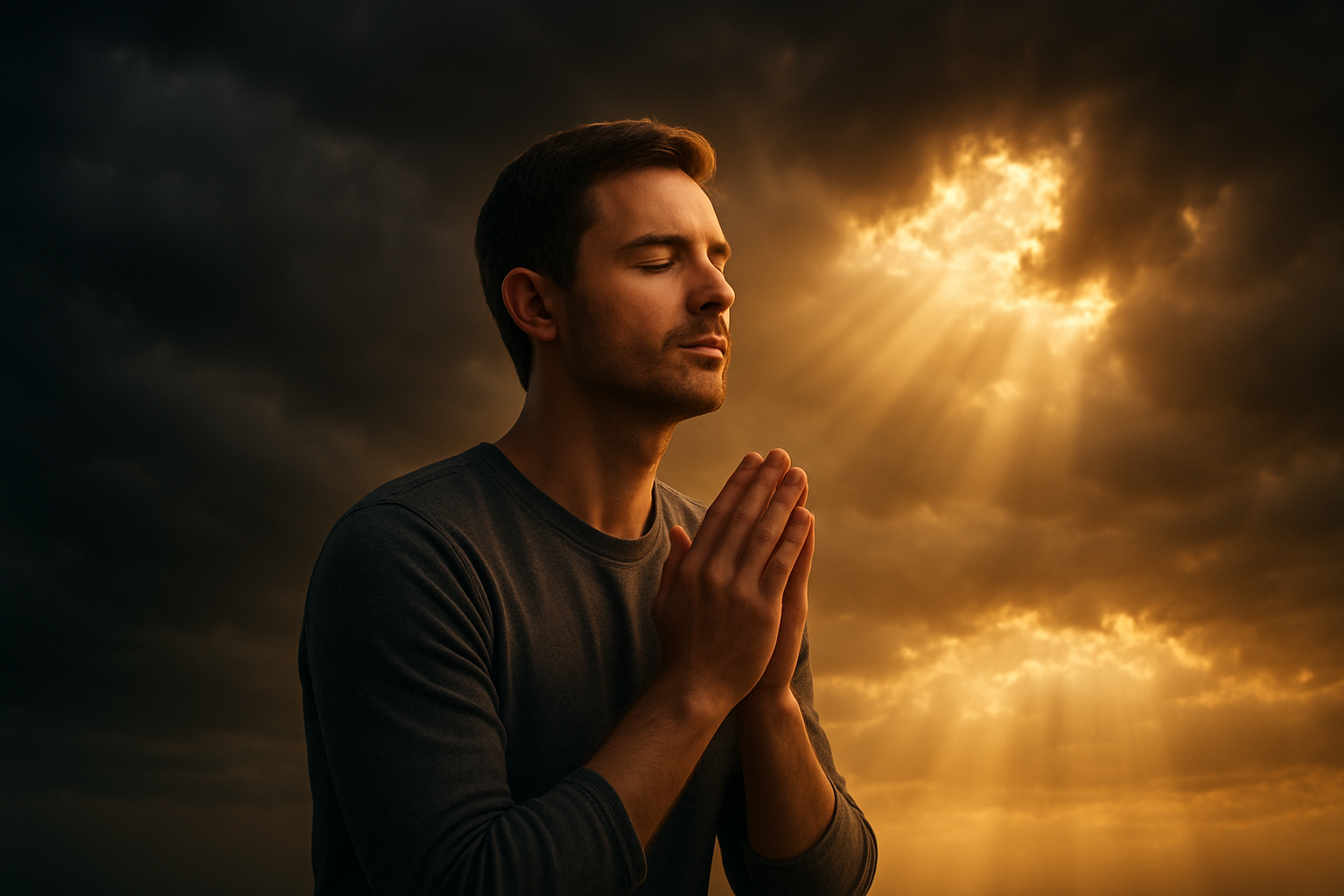 Create a realistic image of a person kneeling in prayer with hands clasped together and eyes closed peacefully, surrounded by soft golden light rays breaking through dark storm clouds overhead, with a serene expression showing inner peace and faith, set against a dramatic sky transitioning from stormy darkness to warm illuminating light, conveying spiritual comfort and divine protection during challenging times, absolutely NO text should be in the scene.