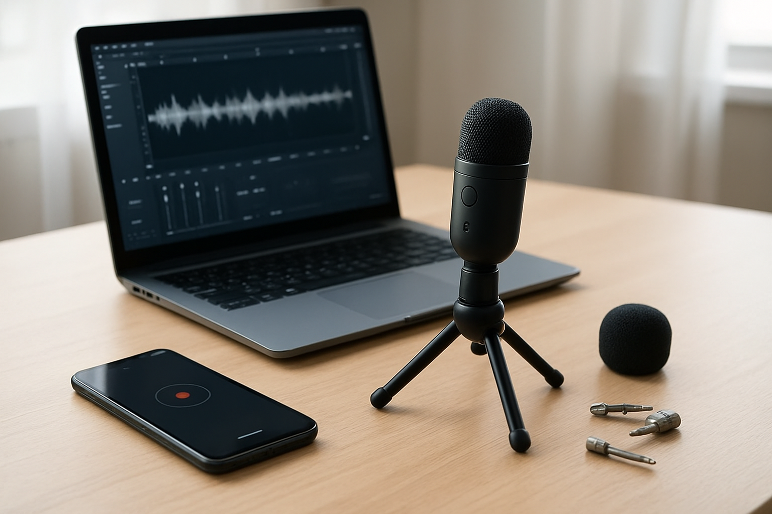 Create a realistic image of a modern workspace setup showing a wireless mini microphone positioned on a clean desk next to a laptop computer with audio recording software interface visible on the screen, surrounded by audio optimization accessories like a smartphone with recording app, small windscreen foam cover, and adjustment tools, with soft natural lighting from a window creating a professional tech environment, captured from a slightly elevated angle to show the complete setup arrangement, Absolutely NO text should be in the scene.
