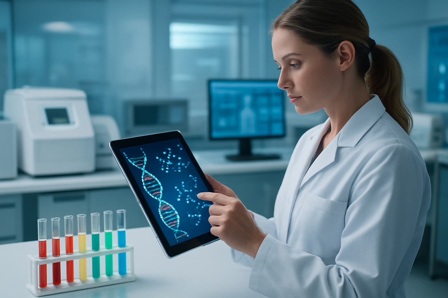 Create a realistic image of a modern laboratory setting with a white female scientist in a lab coat examining a digital tablet displaying colorful DNA sequences and molecular structures, while in the background there are high-tech equipment including centrifuges and computer monitors showing patient data charts, with soft blue and white lighting creating a clean professional atmosphere, and various test tubes with different colored liquids arranged on the lab bench, emphasizing the concept of individualized medical treatments through advanced biotechnology. Absolutely NO text should be in the scene.