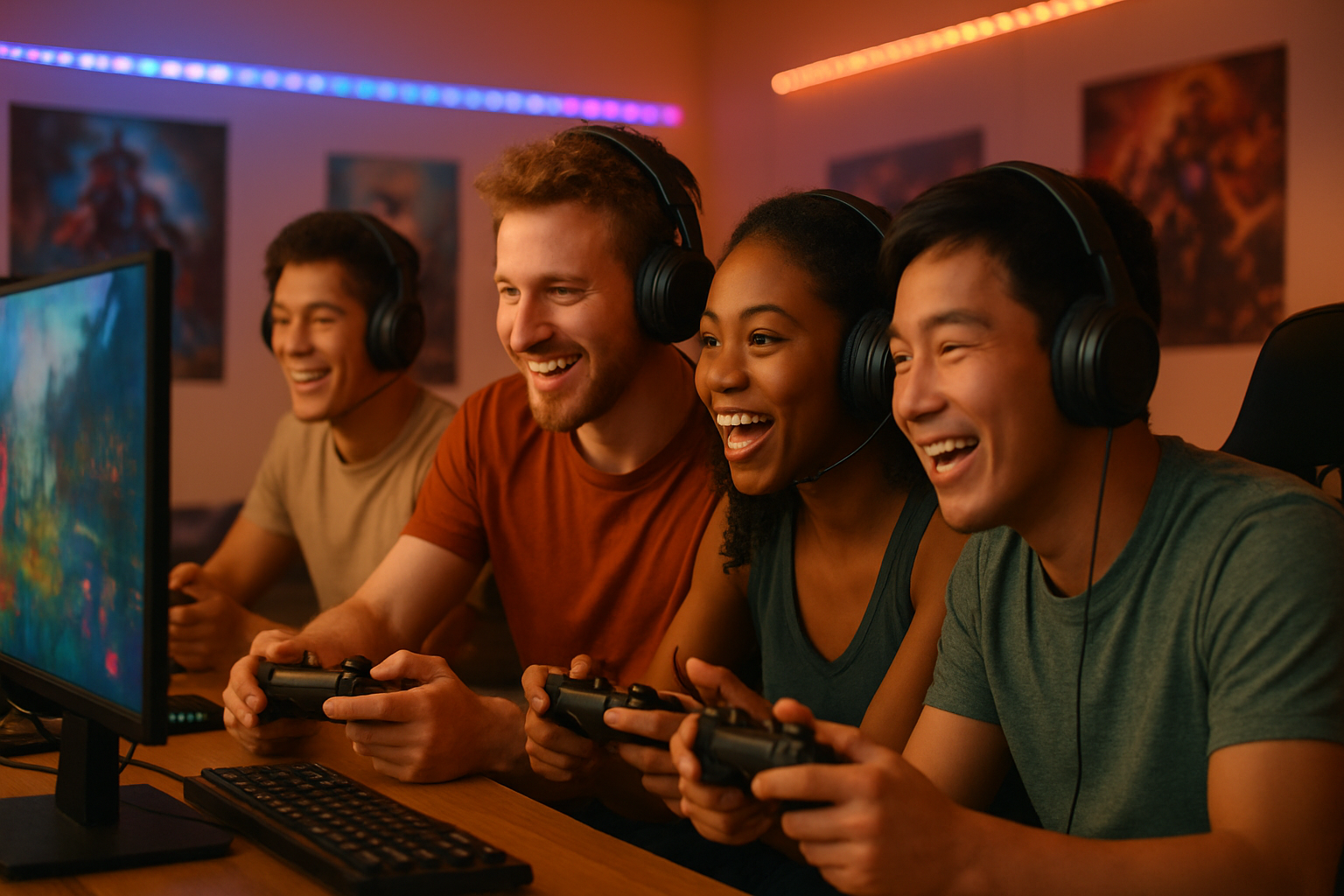 Create a realistic image of a diverse group of engaged gaming enthusiasts gathered around multiple gaming setups with controllers, headsets, and gaming monitors displaying colorful game interfaces, showing a white male gamer in the center interacting with a black female gamer and an Asian male gamer, all wearing gaming headsets and showing excited expressions while playing together, with gaming posters and LED strip lighting creating a vibrant gaming atmosphere in the background, warm and energetic lighting highlighting the social connection and community aspect of gaming, absolutely NO text should be in the scene.