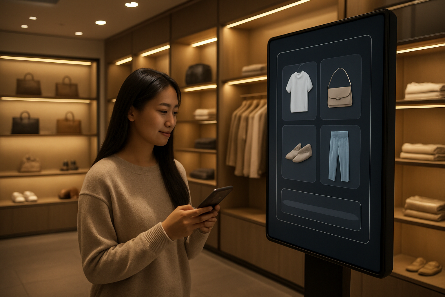 Create a realistic image of a modern retail store interior with a sleek digital interface display showing personalized product recommendations, featuring a young Asian female customer holding a smartphone while browsing, with soft ambient lighting highlighting interactive screens and smart shelving systems displaying curated items, creating a futuristic yet welcoming shopping atmosphere with warm lighting and contemporary design elements, absolutely NO text should be in the scene.