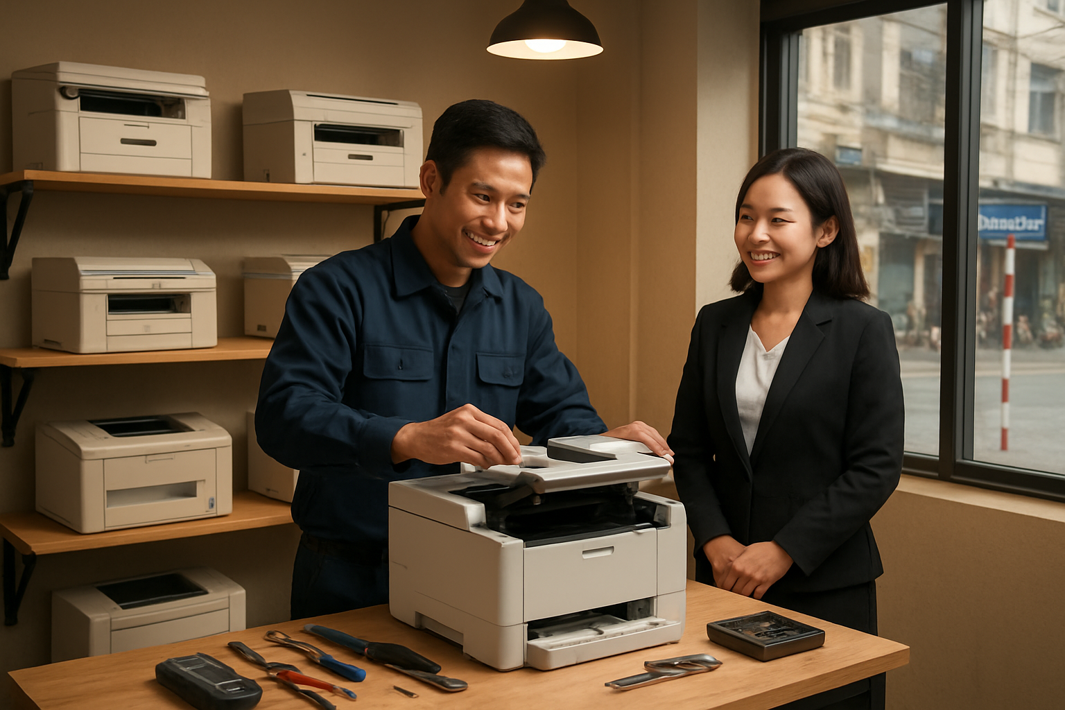 Create a realistic image of a clean, well-organized printer repair shop interior in Hanoi with a Vietnamese male technician in his 30s wearing a professional uniform successfully completing a printer repair, multiple fixed printers displaying on shelves behind him, a satisfied Vietnamese female customer in business attire standing nearby with a relieved expression, modern repair tools and diagnostic equipment neatly arranged on a workbench, warm professional lighting creating a trustworthy atmosphere, Vietnamese urban street elements visible through a window showing the local Bach Dang area, the overall scene conveying successful service completion and customer satisfaction, absolutely NO text should be in the scene.