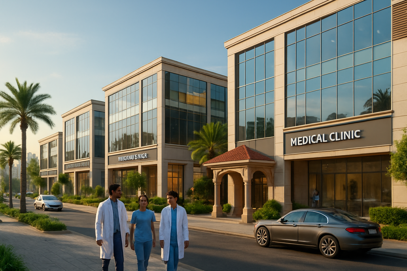 Create a realistic image of a modern medical district in Bangalore showcasing multiple upscale hair transplant clinics with contemporary glass facades, professional medical signage, well-maintained entrances with Indian architectural elements, lush greenery and palm trees lining clean wide streets, luxury cars parked outside, warm golden hour lighting creating an inviting atmosphere, and a few South Asian male and female professionals in medical attire walking between the clinics, with the urban Bangalore skyline visible in the background under a clear blue sky, absolutely NO text should be in the scene.