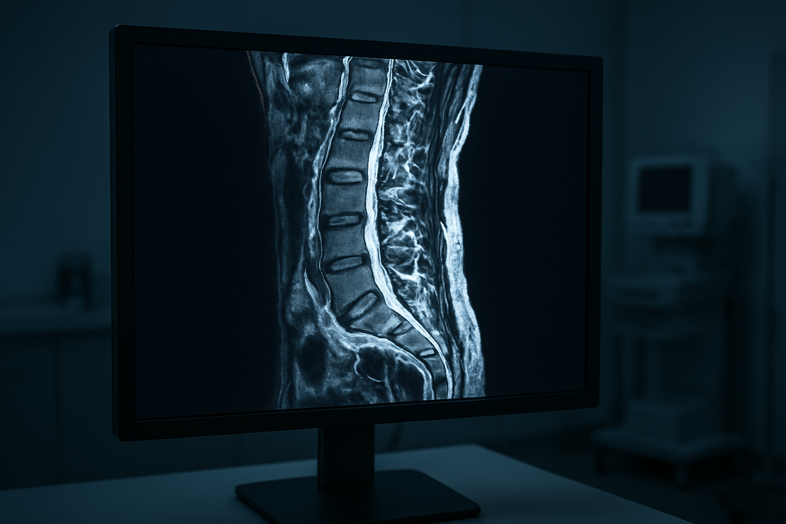 Create a realistic image of a detailed MRI scan display showing a dorsal spine cross-section with contrast enhancement, featuring a high-resolution medical monitor displaying the spinal vertebrae, intervertebral discs, and surrounding tissues with bright white contrast areas highlighting blood vessels and potential abnormalities, set in a modern medical imaging room with dim ambient lighting to emphasize the glowing screen, including subtle medical equipment in the background and a clean, clinical environment with professional medical atmosphere, absolutely NO text should be in the scene.