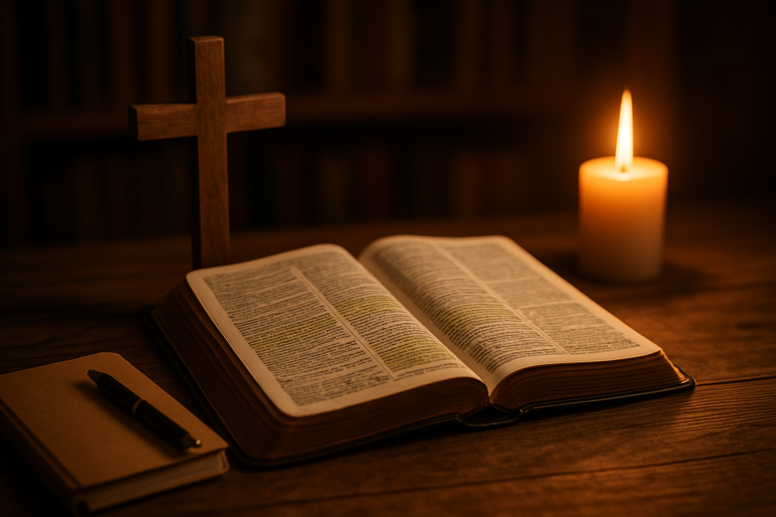 Create a realistic image of an open Bible with highlighted verses about planning and goals, surrounded by a wooden cross, a small journal with a pen, and soft candlelight creating warm golden lighting on a rustic wooden desk, with blurred bookshelves in the background creating a peaceful study atmosphere. Absolutely NO text should be in the scene.