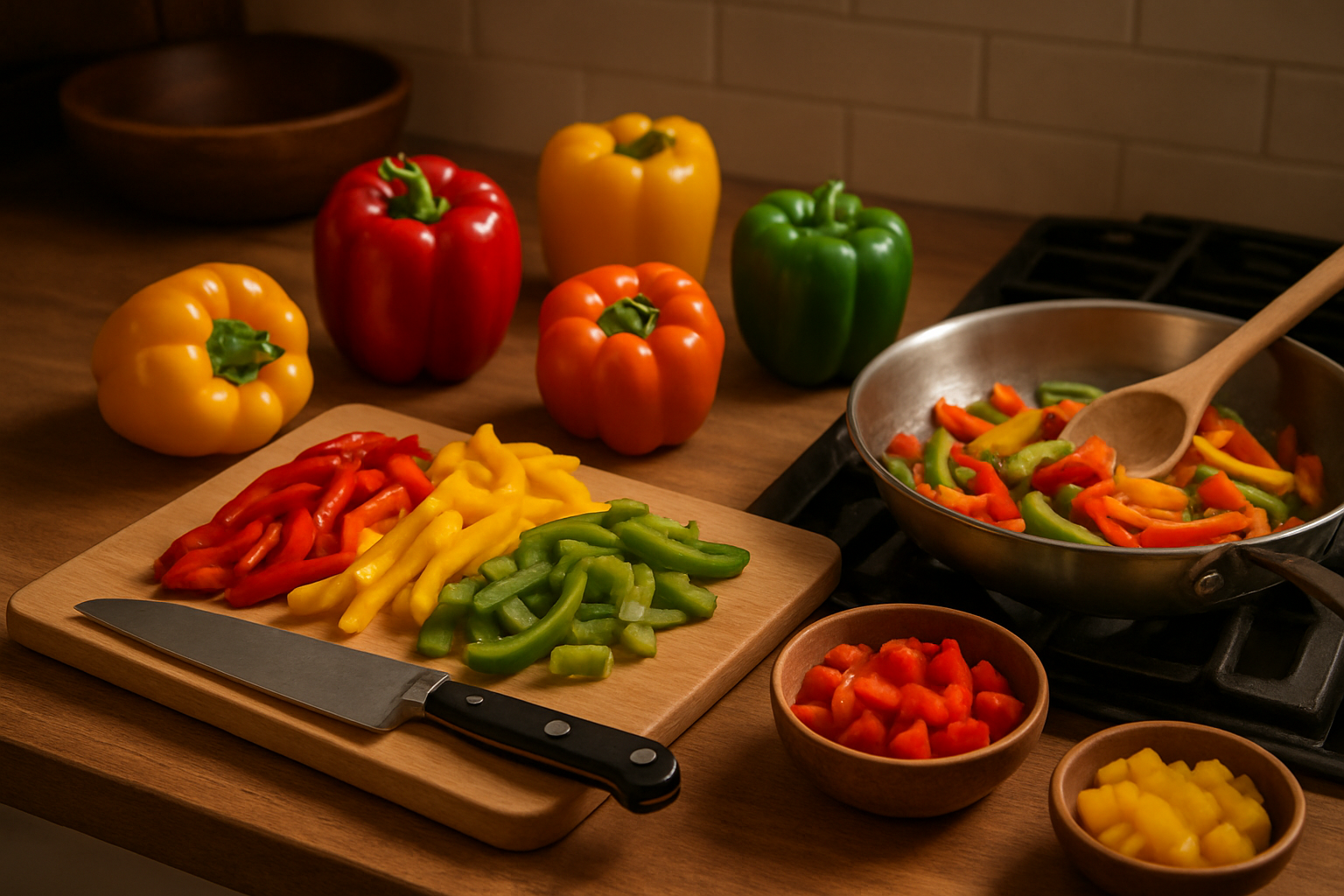 Create a realistic image of a kitchen scene showcasing various culinary uses of colorful bell peppers including red, yellow, green, and orange bell peppers being prepared in different ways - some sliced into strips on a wooden cutting board, others diced in small bowls, whole bell peppers ready for stuffing, and bell peppers being sautéed in a stainless steel pan on a stovetop, with cooking utensils like a sharp knife and wooden spoon nearby, warm kitchen lighting creating an inviting cooking atmosphere, absolutely NO text should be in the scene.
