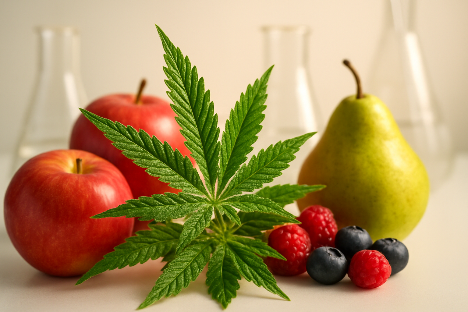 Create a realistic image of a close-up view of fresh green cannabis leaves with visible trichomes glistening under soft natural lighting, surrounded by fresh red apples and other colorful fruits like pears and berries to represent farnesene's fruity aroma profile, set against a clean white laboratory background with subtle glass beakers and scientific equipment softly blurred in the background, conveying a scientific and educational atmosphere about terpene research, with warm golden lighting highlighting the natural textures and colors of both the cannabis and fruits, absolutely NO text should be in the scene.
