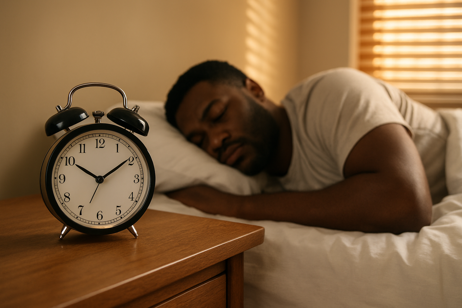 Create a realistic image of a traditional analog alarm clock on a wooden nightstand next to a bed where a black male heavy sleeper is lying face down, completely undisturbed and fast asleep despite the alarm clock showing it's past wake-up time, with morning sunlight streaming through partially closed blinds in the background, creating a peaceful bedroom atmosphere that emphasizes how ineffective the alarm is for deep sleepers, absolutely NO text should be in the scene.