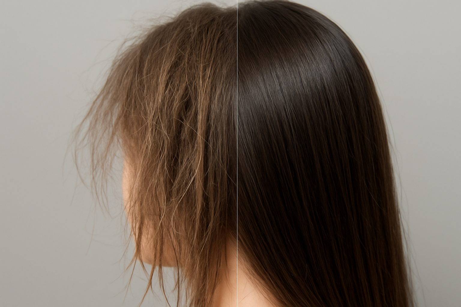 Create a realistic image of a close-up view of damaged male hair showing brittle, dry, and thinning strands with visible breakage and split ends, alongside a healthy section of natural hair for comparison, set against a neutral gray background with soft, clinical lighting that emphasizes the texture and condition differences, absolutely NO text should be in the scene.