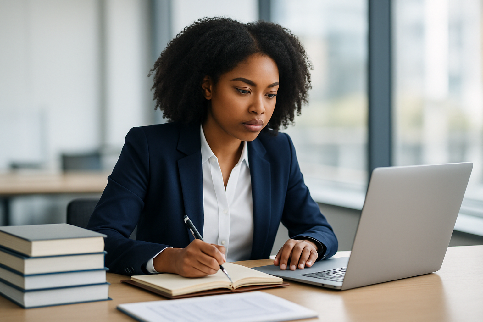 Create a realistic image of a young Black female professional in her early twenties sitting at a modern office desk, wearing a crisp white blouse and navy blazer, actively taking notes in a leather-bound planner while reviewing documents on her laptop, surrounded by neat stacks of business books, a coffee cup, and professional development materials, with a bright contemporary office environment featuring large windows with natural lighting creating a focused and ambitious atmosphere that conveys building career foundations, absolutely NO text should be in the scene.