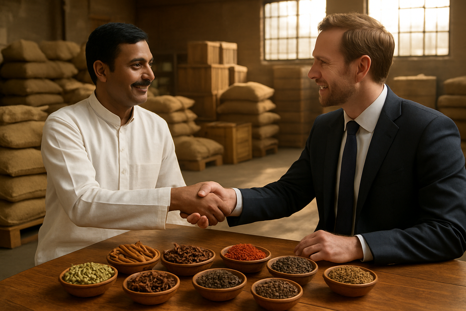 Create a realistic image of an Indian male spice supplier in traditional white kurta and an international white male buyer in business attire shaking hands across a wooden table covered with premium whole spices in small bowls including cardamom, cinnamon sticks, star anise, and saffron, set in a modern spice warehouse with burlap sacks and wooden crates in the background, warm natural lighting streaming through large windows creating a professional yet traditional atmosphere of partnership and trust, absolutely NO text should be in the scene.