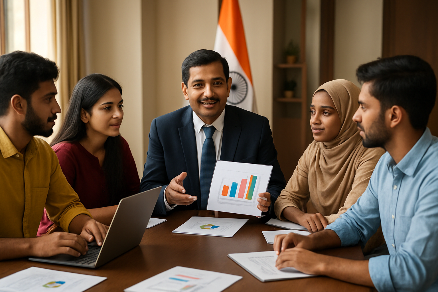 Create a realistic image of diverse Indian students of different genders and ethnicities sitting around a modern conference table with laptops and documents, with a male Indian government official in formal attire explaining policy details using charts and educational materials, set in a bright government office with Indian flag visible in background, warm and encouraging atmosphere with natural lighting streaming through windows, focusing on educational empowerment and minority student support, absolutely NO text should be in the scene.