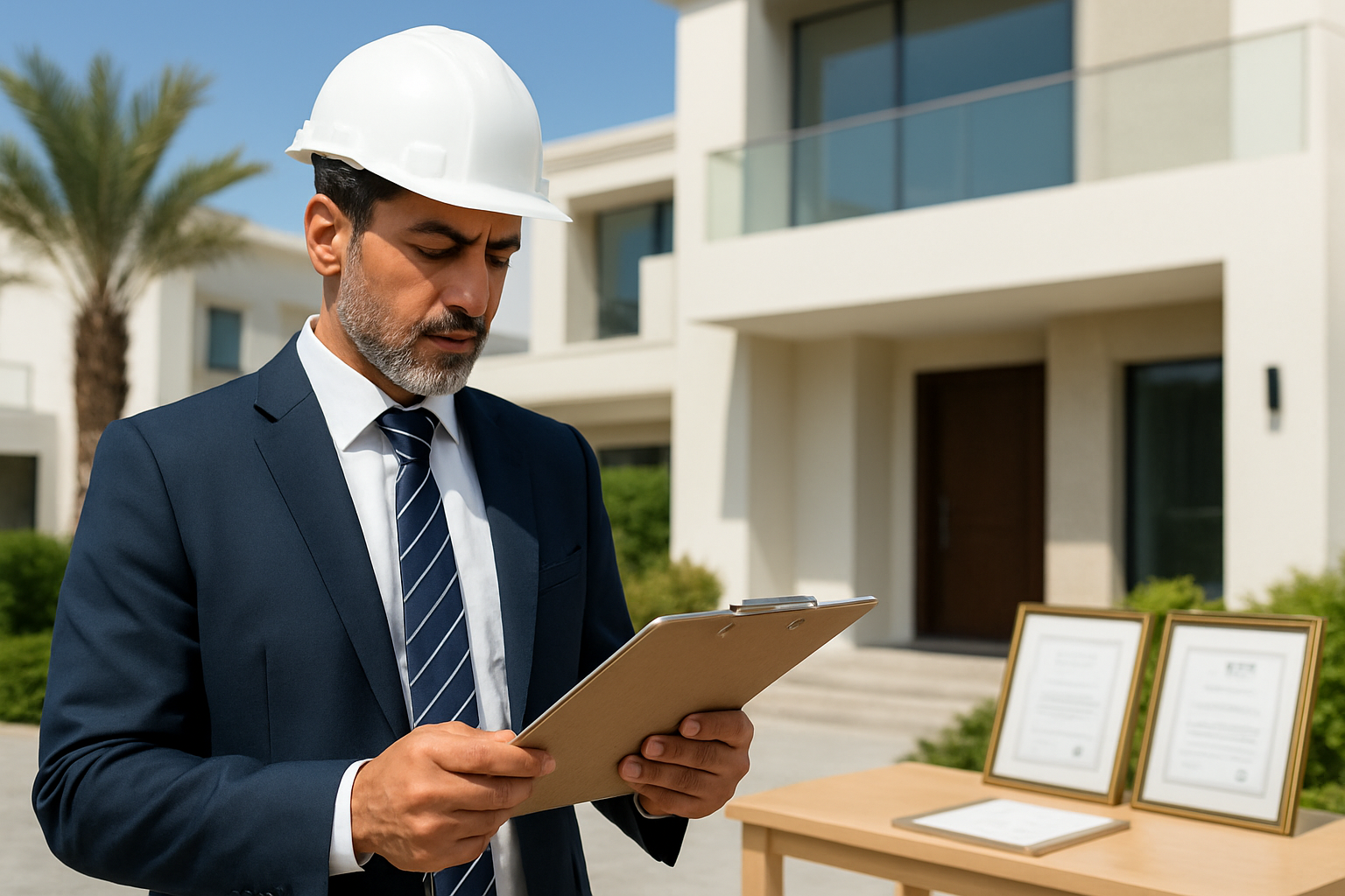 Create a realistic image of a Middle Eastern male home inspector in his 40s wearing professional attire examining a clipboard with inspection documents while standing in front of a modern UAE villa, with certificates and credentials visible on a nearby table, bright daylight illuminating the scene, conveying professionalism and expertise, absolutely NO text should be in the scene.