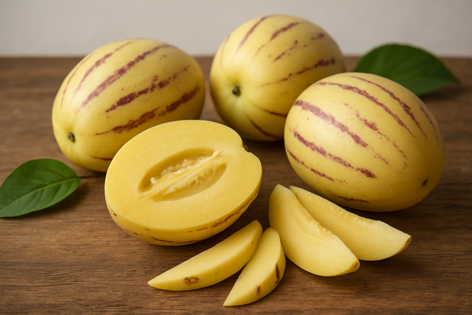 Create a realistic image of fresh pepino melons displayed on a rustic wooden surface, showing both whole and cut pepino melons to reveal their pale yellow flesh with purple striping on the skin, alongside a few pepino melon slices arranged artistically, with soft natural lighting from above highlighting the unique oval shape and distinctive purple-striped yellow skin pattern, set against a clean neutral background with some green leaves scattered around for freshness, absolutely NO text should be in the scene.