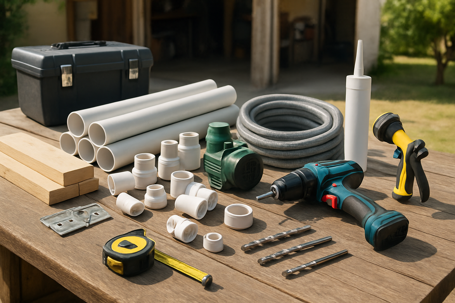 Create a realistic image of construction materials and tools neatly arranged on a wooden workbench or outdoor table, including PVC pipes, pipe fittings, a drill with bits, measuring tape, level, screws, waterproof sealant, a small water pump, flexible hose, spray nozzle, wooden planks, hinges, and a toolbox, with a bright outdoor workshop or garage setting in the background, natural daylight lighting, organized and ready-to-use arrangement suggesting preparation for a DIY project, absolutely NO text should be in the scene.