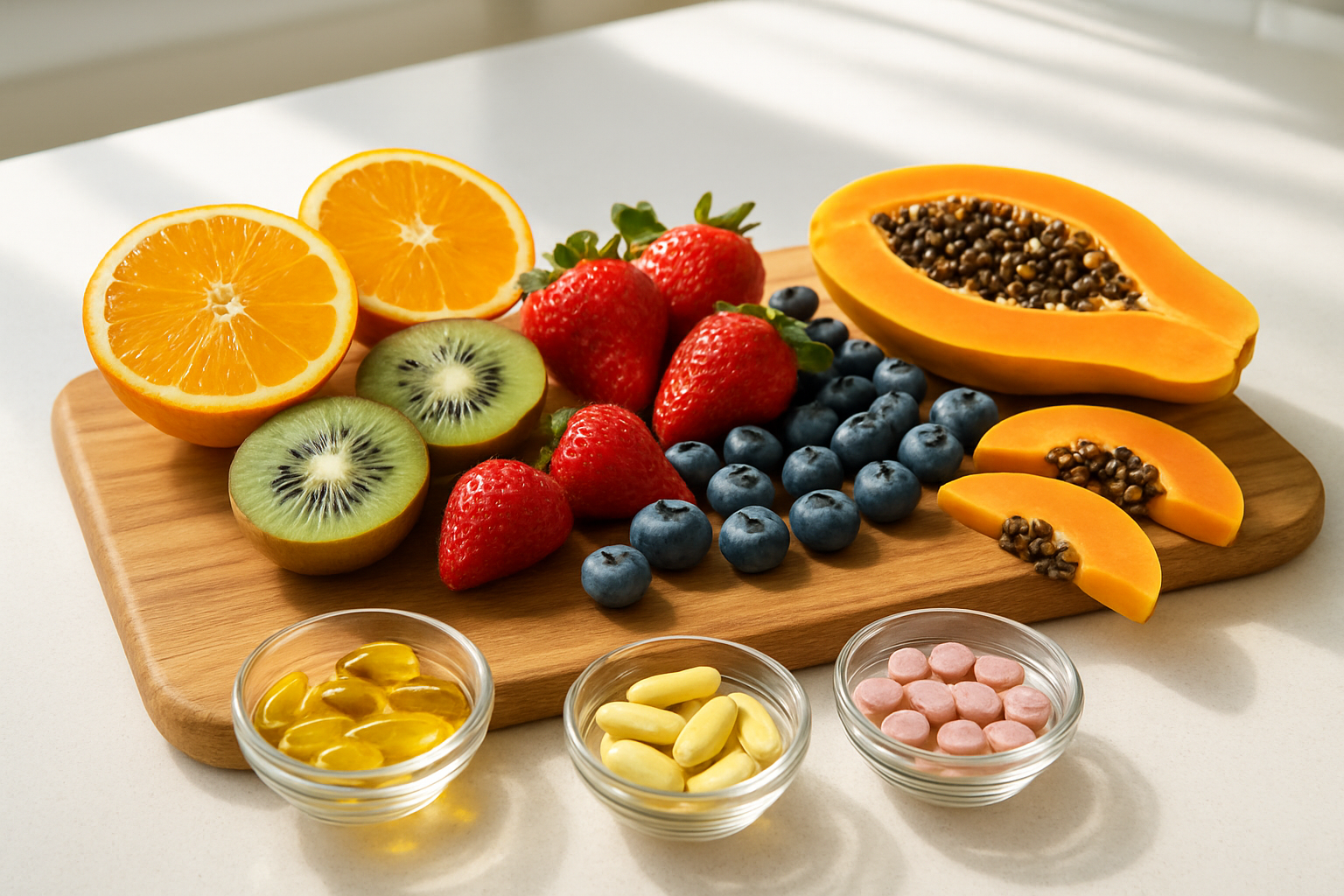 Create a realistic image of a wooden cutting board displaying an organized arrangement of fresh fruits rich in vitamins and minerals including oranges, kiwis, strawberries, blueberries, and papaya slices, with small glass bowls containing colorful vitamin supplements and mineral tablets nearby, set on a clean white kitchen counter with natural sunlight streaming from a window, creating a bright and healthy atmosphere that emphasizes nutrition and wellness, absolutely NO text should be in the scene.
