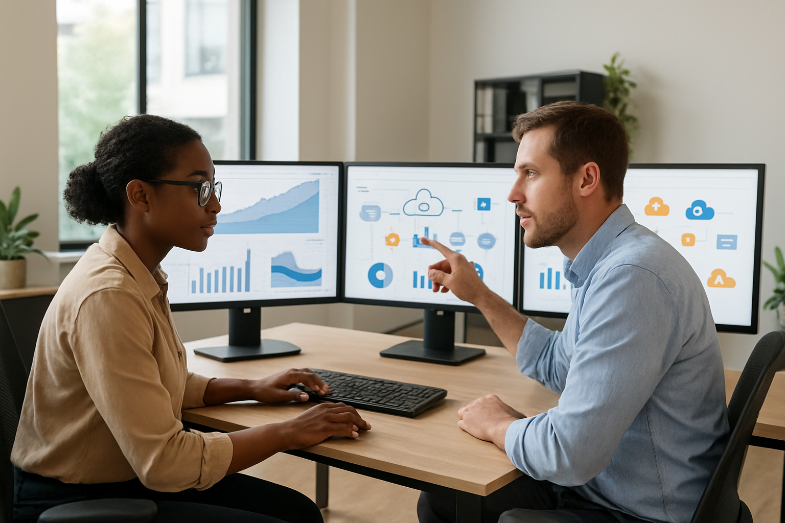 Create a realistic image of a modern office workspace showing a diverse team of professionals analyzing AWS cloud services optimization, featuring a black female data engineer and white male architect reviewing performance dashboards on multiple monitors displaying cost graphs, server utilization charts, and cloud architecture diagrams, with AWS service icons visible on screens, modern ergonomic furniture, soft natural lighting from large windows, clean minimalist environment with potted plants, and a collaborative atmosphere focused on technical implementation and cost efficiency analysis. Absolutely NO text should be in the scene.