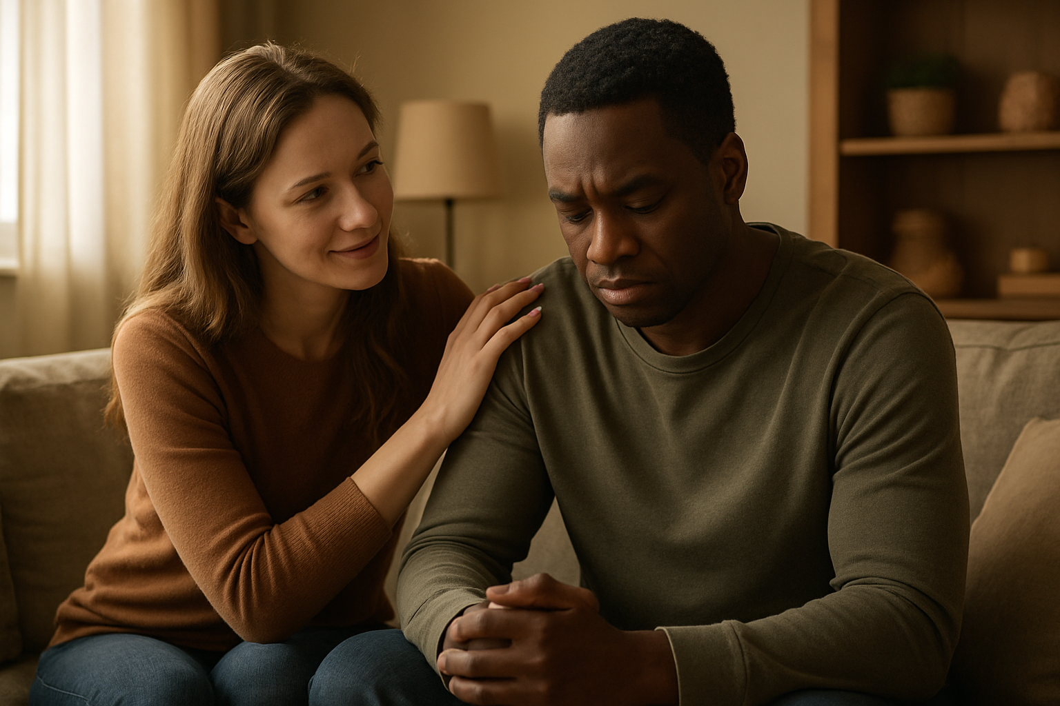 Create a realistic image of a diverse couple sitting together on a comfortable couch in a warm, softly-lit living room, with a white female gently placing her hand on a black male's shoulder as he appears vulnerable or upset, while she looks at him with compassionate eyes and a gentle smile, surrounded by soft natural lighting from a nearby window, creating an atmosphere of comfort, acceptance, and emotional support, with warm earth tones throughout the scene. Absolutely NO text should be in the scene.