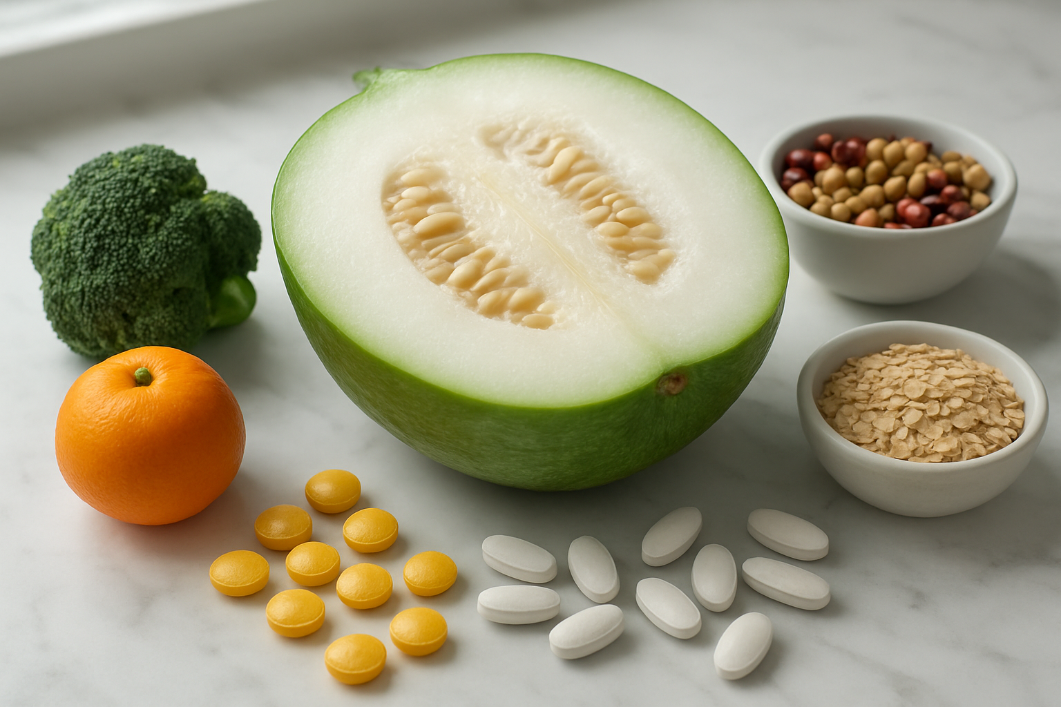 Create a realistic image of a fresh winter melon cut in half displaying its white flesh and seeds, surrounded by colorful nutritional elements like vitamin C tablets, calcium supplements, and fiber-rich foods, arranged on a clean white marble countertop with soft natural lighting from a nearby window, creating a health-focused composition that emphasizes the nutritional benefits of the winter melon, absolutely NO text should be in the scene.