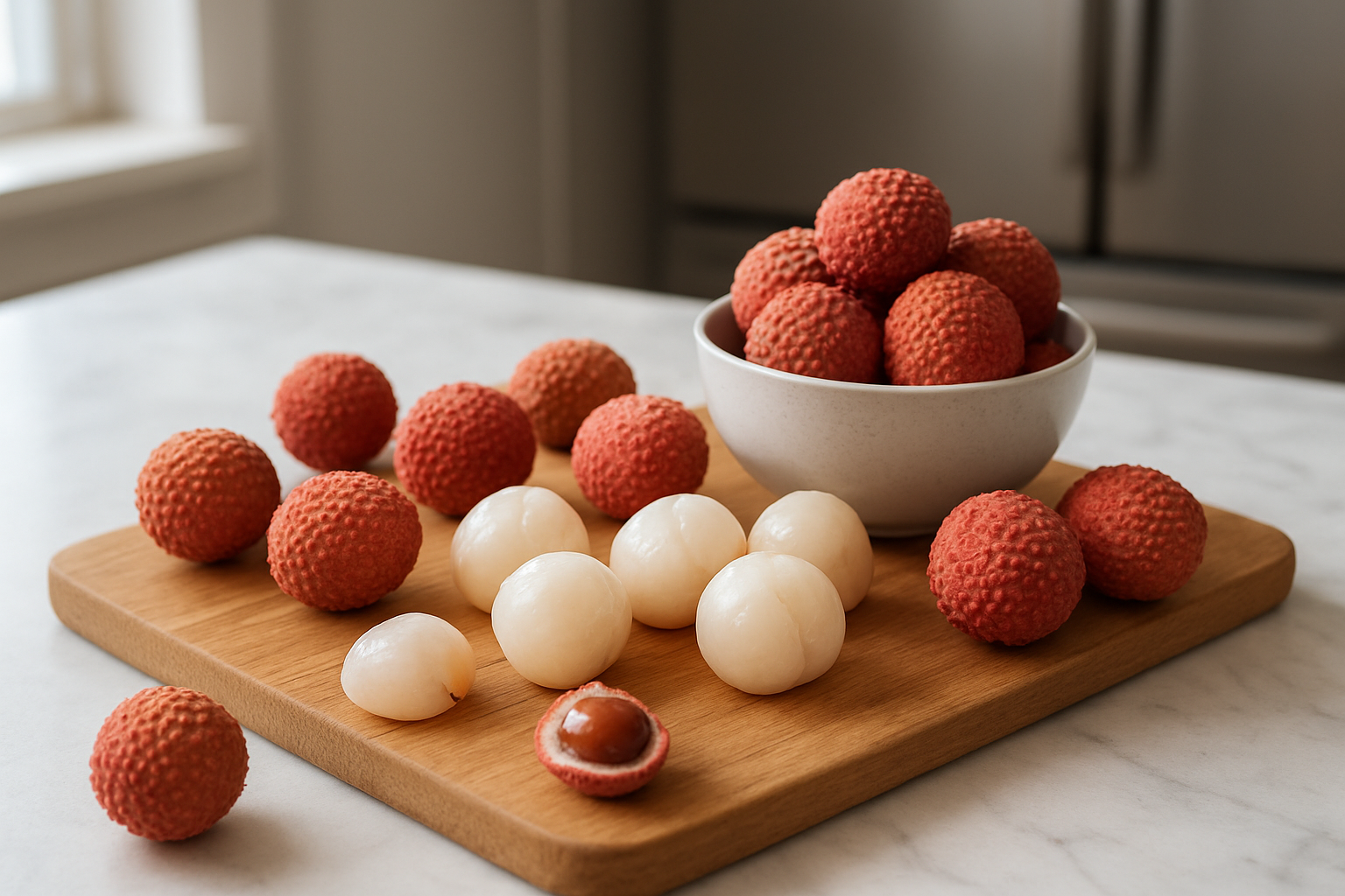 Create a realistic image of fresh lychees at different stages of selection and storage, showing whole unpeeled lychees with their characteristic bumpy pink-red skin alongside some peeled white translucent fruit, displayed on a clean wooden cutting board with a small bowl containing perfectly ripe lychees, some scattered on a marble kitchen countertop near a refrigerator in the background, with soft natural lighting from a nearby window creating gentle shadows, emphasizing the texture and quality differences between fresh and less fresh lychees, absolutely NO text should be in the scene.