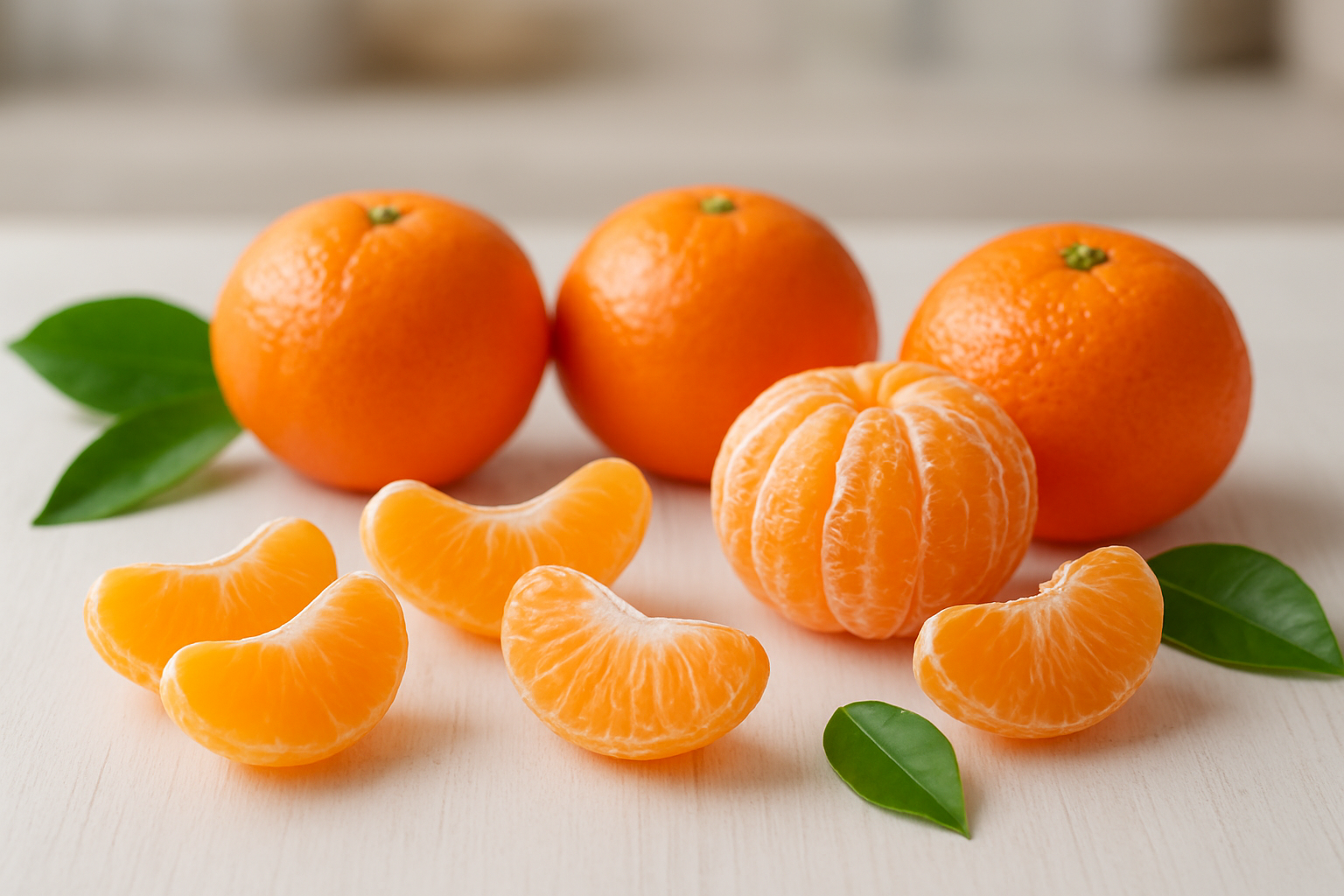 Create a realistic image of fresh whole clementines and peeled clementine segments arranged on a clean white wooden surface, showcasing the bright orange exterior skin and juicy translucent segments inside, with soft natural lighting from above creating gentle shadows, surrounded by a few green citrus leaves for freshness, shot from a slightly elevated angle to display the citrus texture and vibrant colors clearly, with a soft-focus kitchen background suggesting a healthy food preparation area, absolutely NO text should be in the scene.