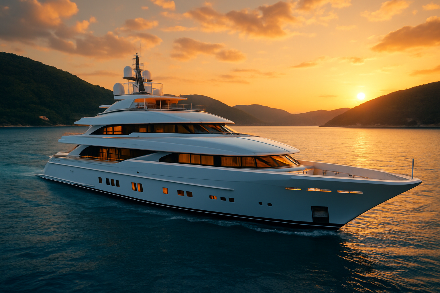 realistic image of a sleek, ultra-luxurious yacht sailing on calm, crystal-clear blue waters with a scenic coastal backdrop featuring lush green hills and a golden sunset sky, the yacht's elegant exterior showcasing modern design with multiple decks, large panoramic windows, and pristine white surfaces, with warm ambient lighting illuminating the deck areas to convey exclusivity and sophistication, the overall mood being aspirational and opulent, evoking a sense of world-class cruising experience. Absolutely NO text should be in the scene.