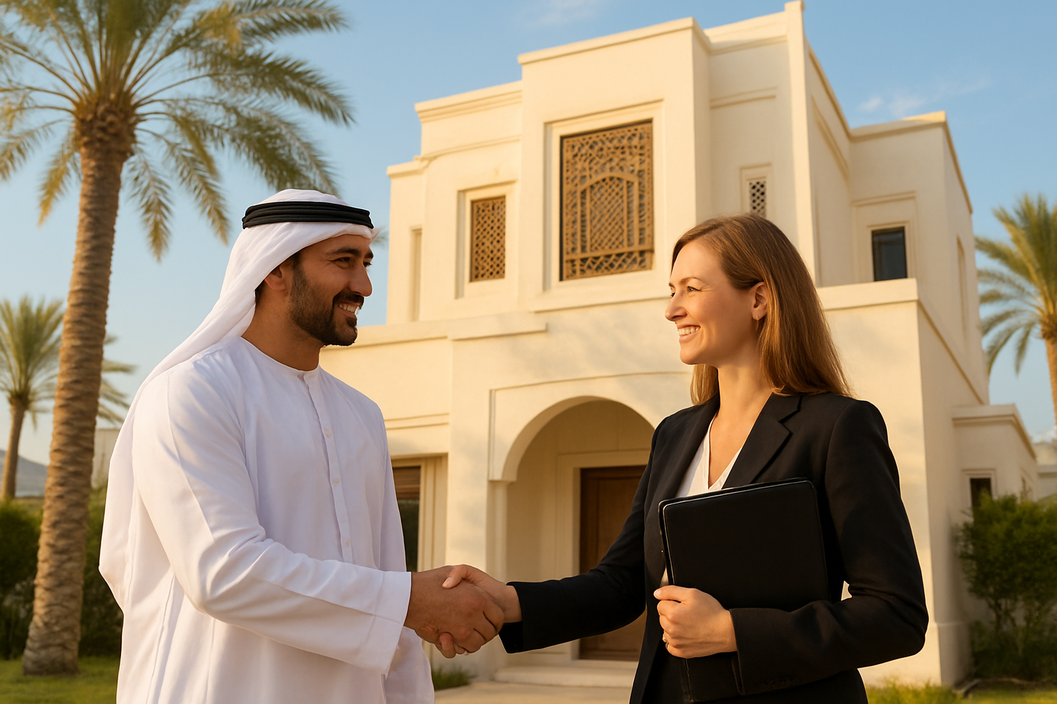 Create a realistic image of a satisfied Middle Eastern male homeowner and white female real estate agent shaking hands in front of a modern UAE villa with distinctive Arabic architectural elements, holding a completed home inspection report folder, with palm trees and clear blue sky in the background, warm golden hour lighting creating an optimistic and successful atmosphere, the villa showing clean white walls and traditional mashrabiya window details, conveying completion and satisfaction of the home inspection process, absolutely NO text should be in the scene.
