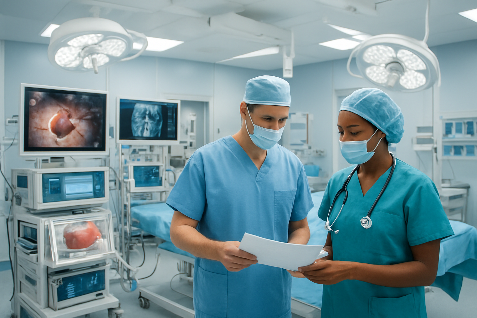 Create a realistic image of a modern hospital liver transplant center with state-of-the-art medical equipment including surgical monitors, organ preservation systems, and advanced medical technology in a sterile white and blue environment, featuring a team of diverse medical professionals including a white male surgeon and black female doctor in surgical scrubs examining medical charts, with bright clinical lighting illuminating the professional medical facility that conveys excellence and cutting-edge healthcare capabilities. Absolutely NO text should be in the scene.