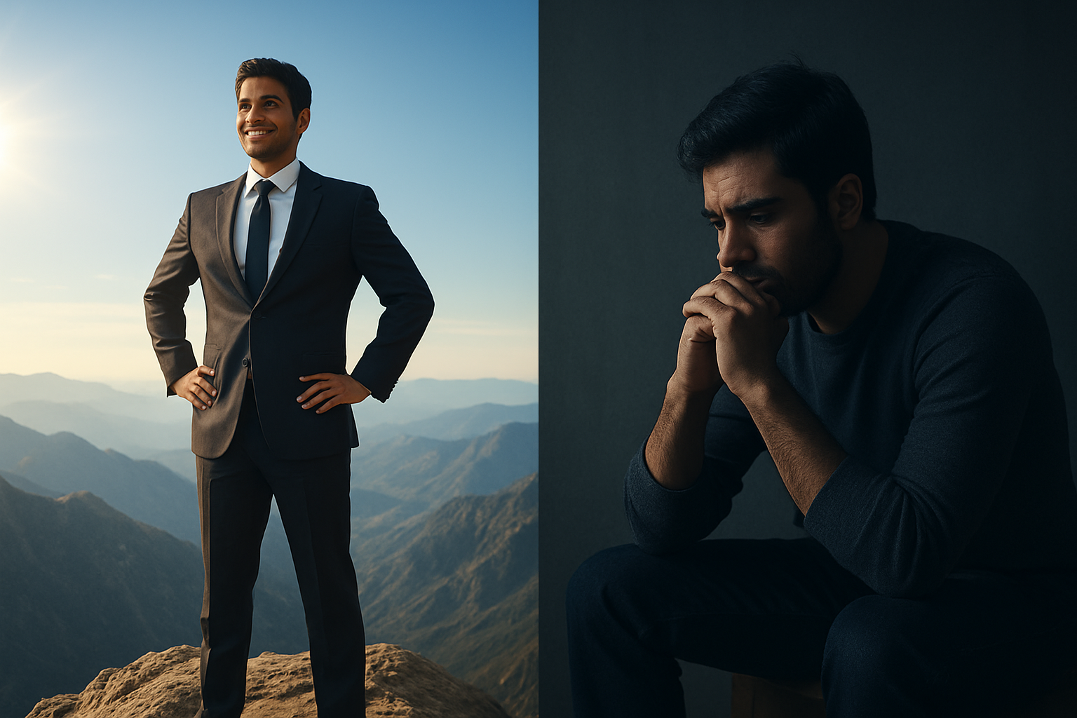 உச்சம் vs நீச்சம்: எது உங்கள் வாழ்க்கையை மாற்றும்? Create a realistic image of a split-screen composition showing contrasting life situations, with the left side depicting a person at their peak - a successful South Asian male in business attire standing confidently on a mountain summit with bright sunlight and clear blue skies, while the right side shows the same person during challenging times - sitting contemplatively in a dimly lit room with subdued lighting and shadows, representing the fundamental differences between life