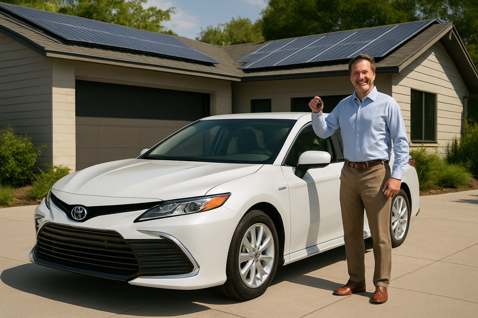 Create a realistic image of a pristine white 2025 Toyota Camry Hybrid parked in a modern driveway next to a contemporary suburban home, with a smiling middle-aged white male in business casual attire standing beside the driver's door holding car keys, green trees and blue sky in the background creating a bright optimistic atmosphere, with visible hybrid badge on the vehicle and solar panels on the house roof suggesting eco-consciousness and cost savings, warm natural lighting highlighting the car's sleek design and the overall scene conveying satisfaction and smart investment, absolutely NO text should be in the scene.