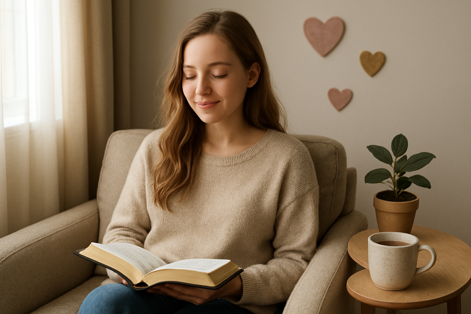 Create a realistic image of a peaceful young white female sitting in a cozy living room corner with soft natural lighting from a nearby window, holding an open Bible in her lap while surrounded by warm elements including a small potted plant, a cup of tea on a side table, and subtle heart-shaped decorations in muted pink and gold tones, with the scene conveying contentment, spiritual reflection, and quiet joy, shot from a slightly elevated angle to show the serene domestic setting. Absolutely NO text should be in the scene.
