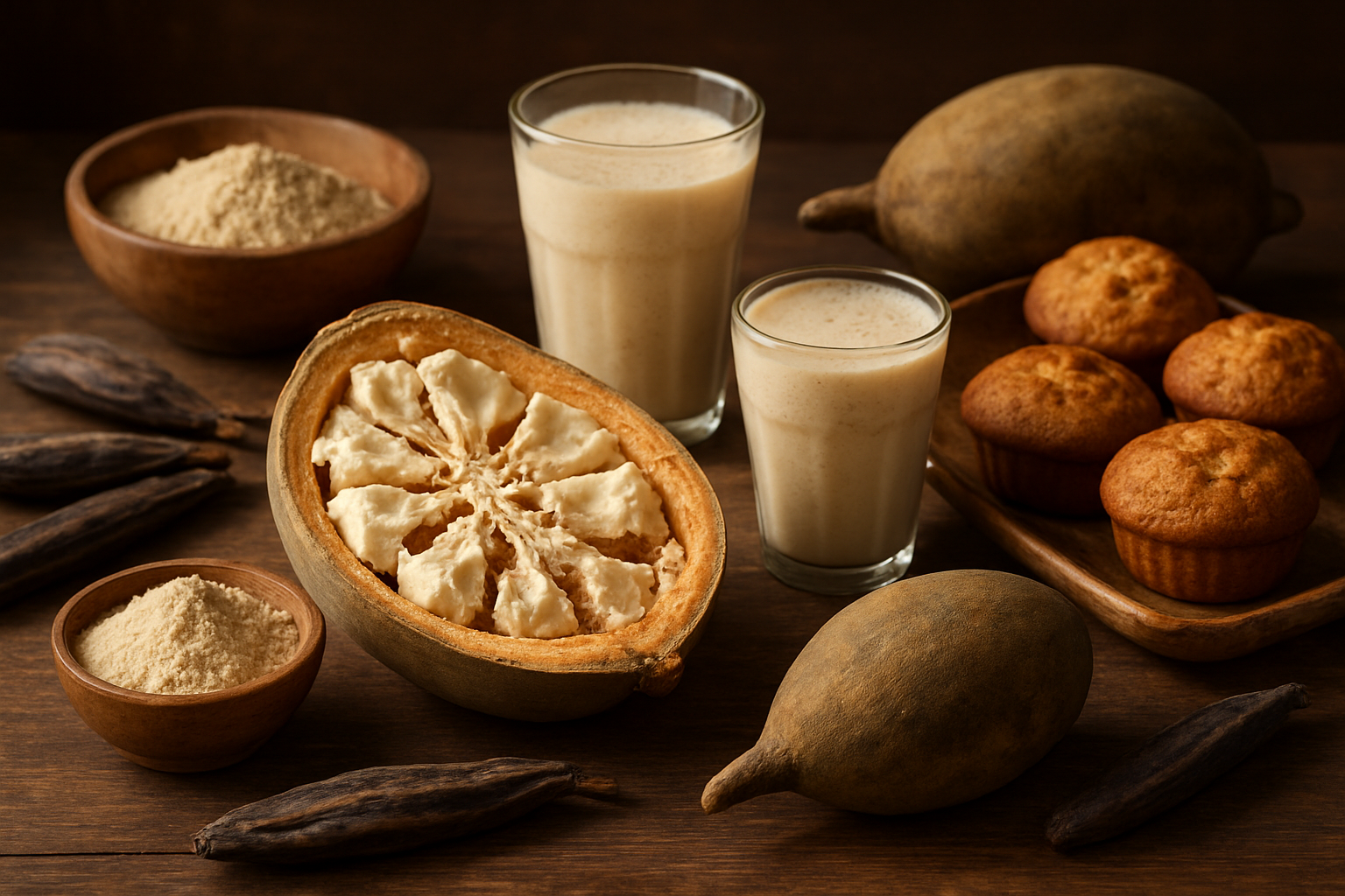 Create a realistic image of fresh baobab fruit cut open revealing the white pulp and dark seeds inside, alongside various culinary preparations including baobab powder in wooden bowls, smoothies in glasses, and baked goods on a rustic wooden table, with whole baobab fruits and baobab tree pods scattered around, warm natural lighting creating an inviting culinary atmosphere, absolutely NO text should be in the scene.