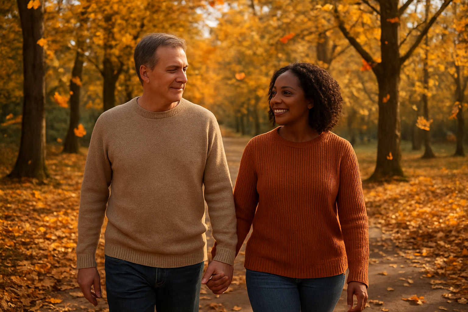Create a realistic image of a middle-aged white male and black female couple walking hand-in-hand along a tree-lined path during autumn, with golden and orange leaves falling gently around them, warm afternoon sunlight filtering through the canopy creating dappled shadows on the ground, both wearing casual sweaters and displaying gentle, content expressions as they navigate the winding pathway together, symbolizing their journey through life's changes with mature trees in various stages of seasonal transition in the background. Absolutely NO text should be in the scene.