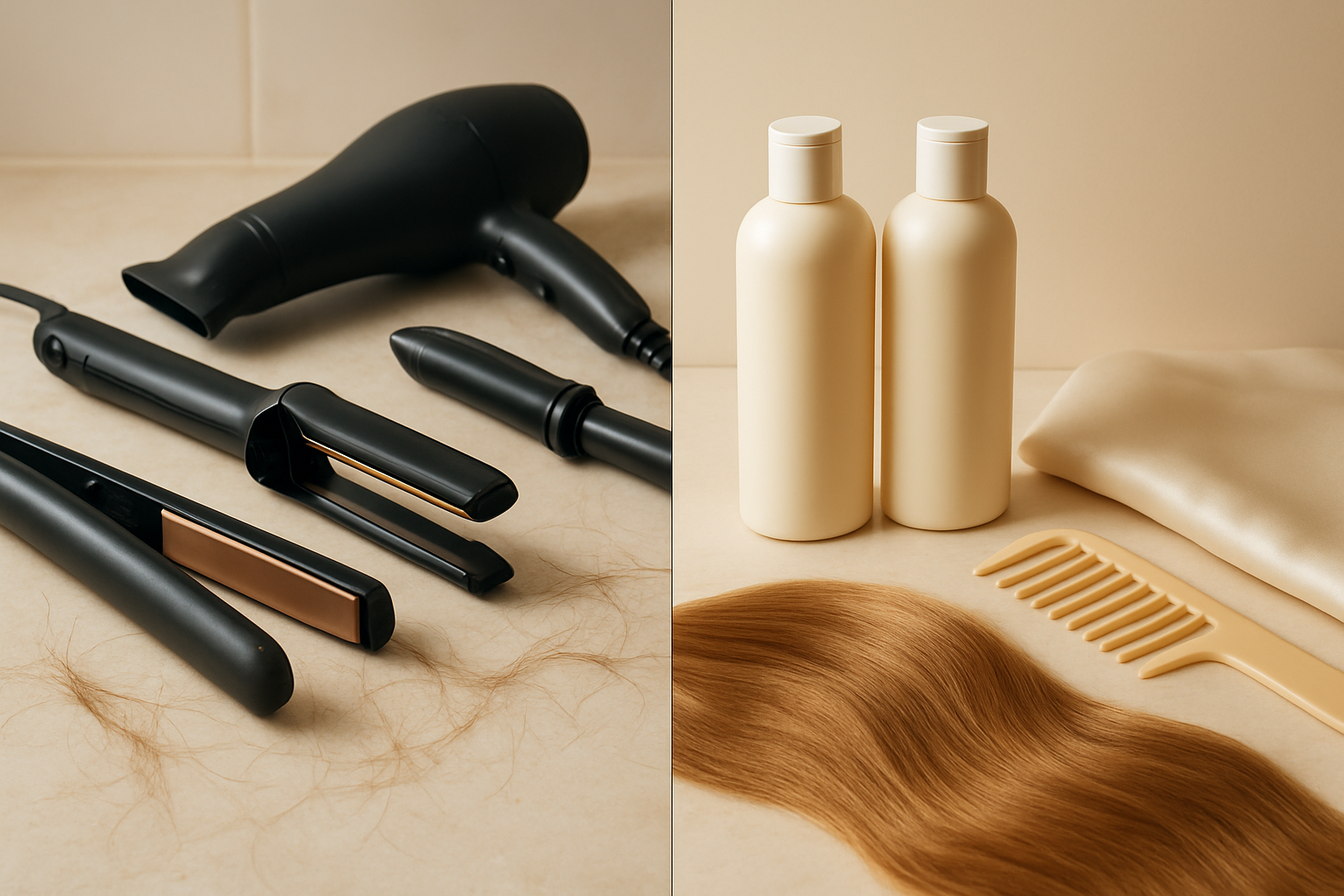 Create a realistic image of a split-screen comparison showing controllable hair damage causes: on the left side, hair styling tools like a flat iron, curling iron, and blow dryer on a bathroom counter with damaged, brittle hair strands scattered around them, and on the right side, gentle hair care products including sulfate-free shampoo bottles, a wide-tooth comb, and silk pillowcase with healthy, smooth hair strands, soft natural lighting illuminating both sides to emphasize the contrast between damaging and protective hair care practices, clean minimalist background, warm and educational mood. Absolutely NO text should be in the scene.