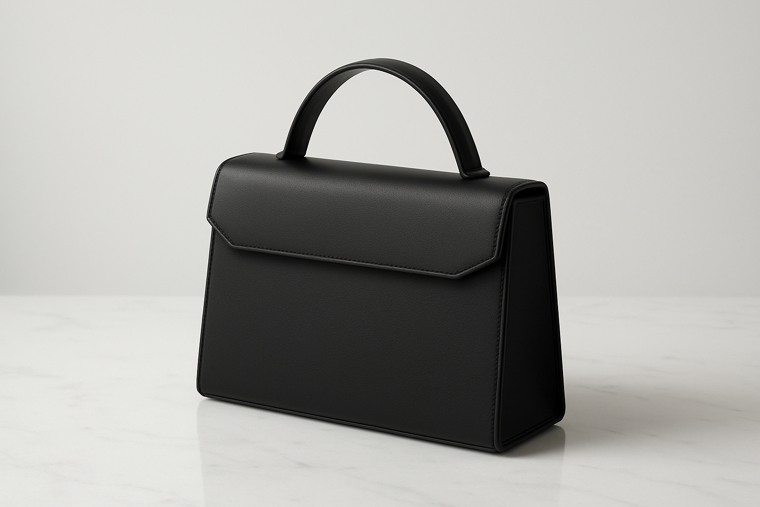 Create a realistic image of a sleek minimalist handbag with perfectly straight edges and geometric lines displayed on a clean white marble surface, featuring smooth leather texture in neutral beige or black color, positioned at a three-quarter angle to showcase its structured silhouette and refined craftsmanship, with soft diffused lighting creating subtle shadows that emphasize the bag's precise construction and sophisticated design elements, set against a pristine white background with minimal reflections on the marble surface, absolutely NO text should be in the scene.