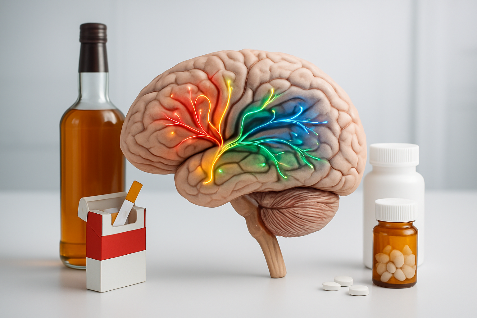 Create a realistic image of a scientific diagram showing different addiction pathways in the brain with various substances like alcohol bottles, cigarette packs, and pill bottles arranged around a detailed cross-section of a human brain, with colorful neural pathways and synapses highlighted in different colors to represent various addiction mechanisms, set against a clean white laboratory background with soft, even lighting that emphasizes the scientific and medical nature of the scene, absolutely NO text should be in the scene.