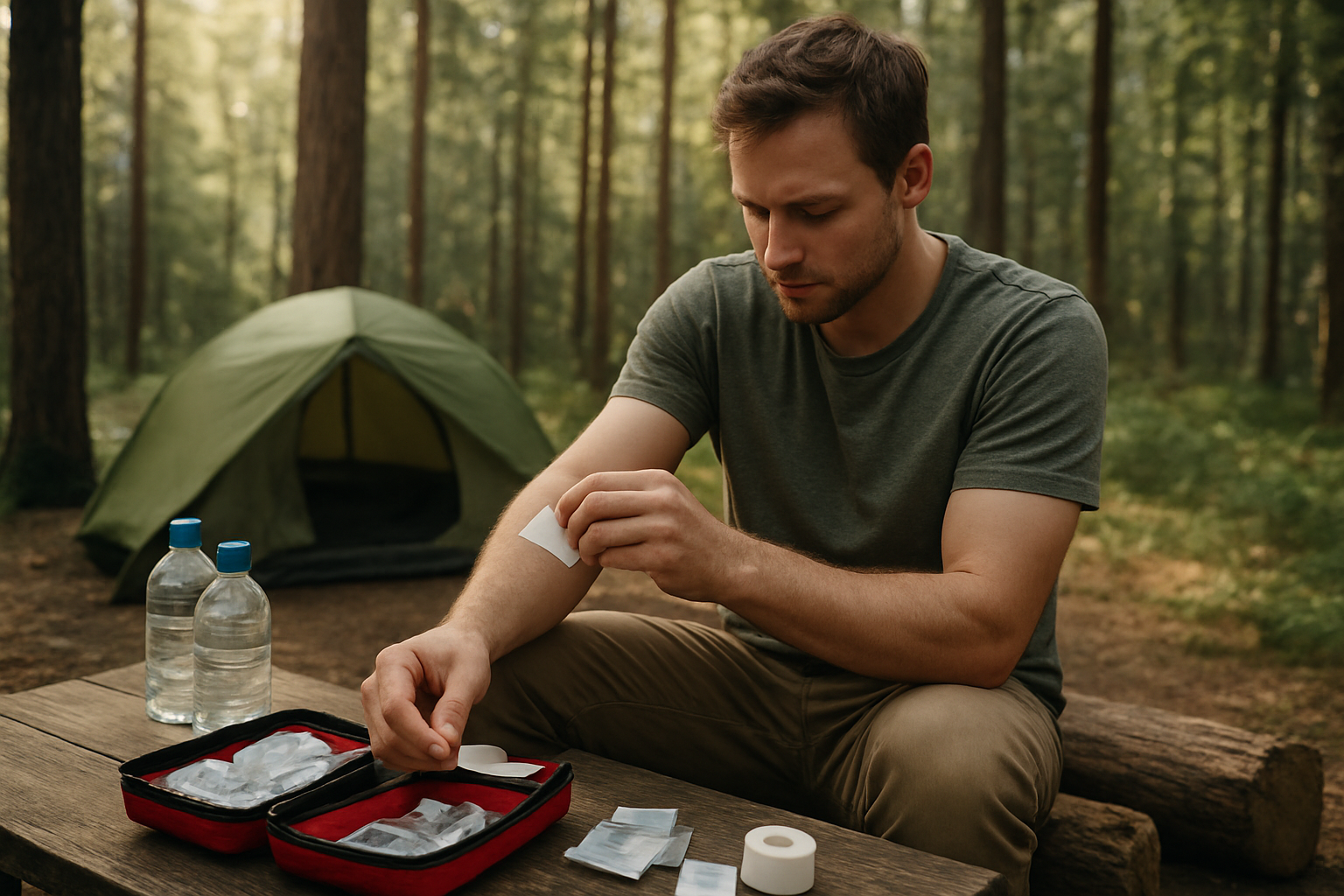Create a realistic image of a white male camper sitting on a log in a forest clearing, carefully applying a bandage from a first aid kit to his arm, with camping supplies like water bottles, antiseptic wipes, and medical tape scattered around him on a camping table, surrounded by pine trees and a tent in the background, natural daylight filtering through the forest canopy creating a calm but focused atmosphere, showing the practical use of camping gear for emergency medical care, absolutely NO text should be in the scene.