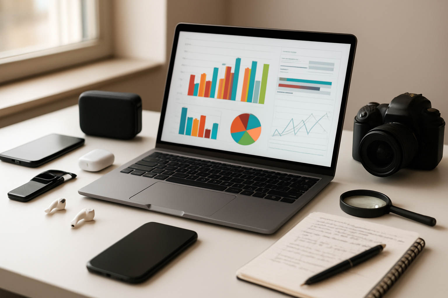 Create a realistic image of a modern workspace with a laptop displaying colorful product analytics charts and graphs, surrounded by various trending consumer products like electronics, accessories, and gadgets arranged on a clean white desk, with a notebook showing handwritten research notes, a calculator, and a magnifying glass positioned nearby, soft natural lighting from a window creating a professional atmosphere, warm and focused mood suggesting strategic business planning. Absolutely NO text should be in the scene.