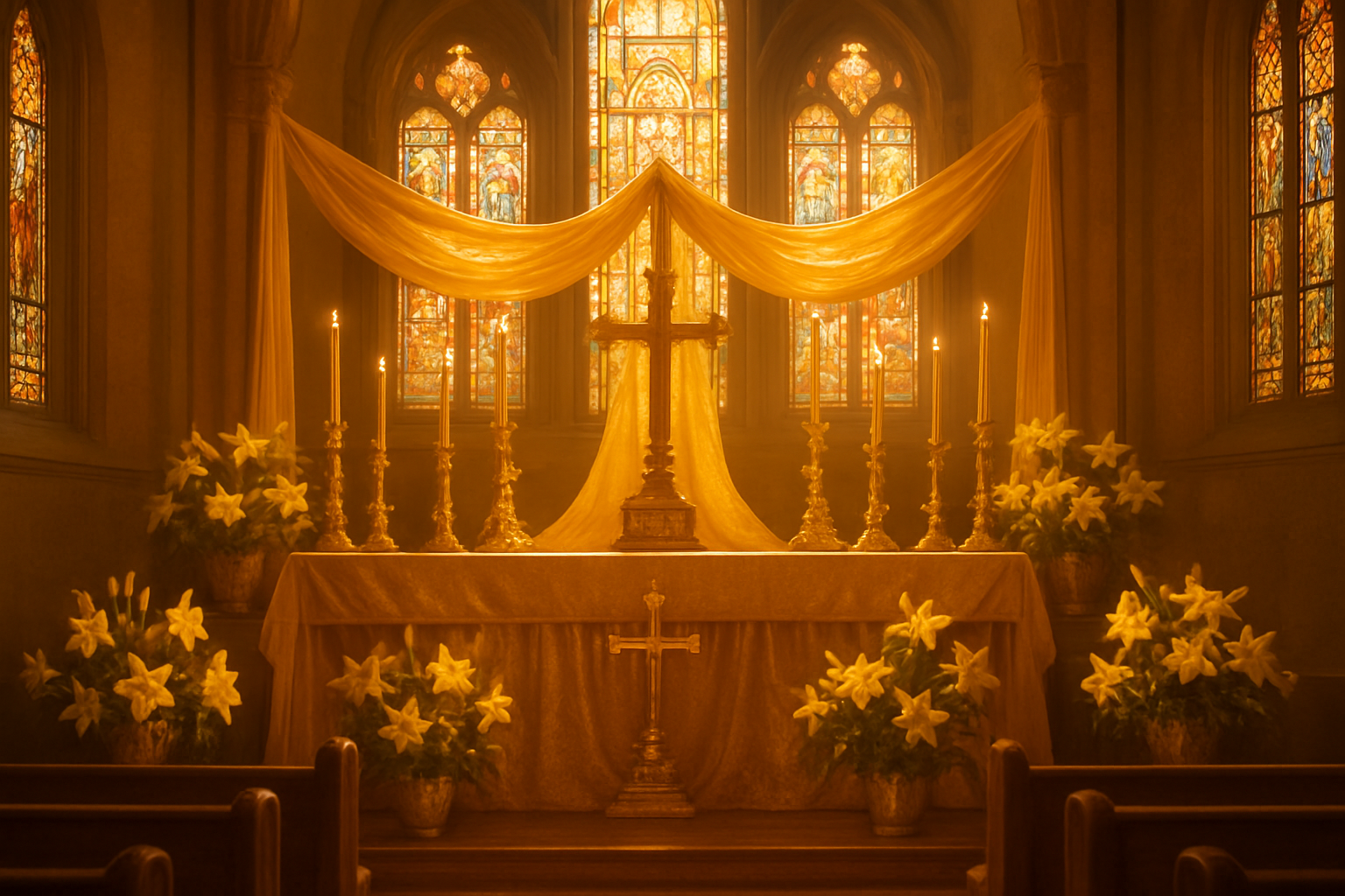 Create a realistic image of a beautiful church altar during Easter worship service decorated with abundant golden elements including golden crosses, golden candles in ornate holders, golden fabric draping, and golden Easter lilies, with warm golden sunlight streaming through stained glass windows creating a joyful and hopeful atmosphere, featuring rich golden hues throughout the sacred space with wooden pews visible in the foreground, soft lighting emphasizing the luxurious golden decorations that symbolize divine glory and resurrection celebration, absolutely NO text should be in the scene.
