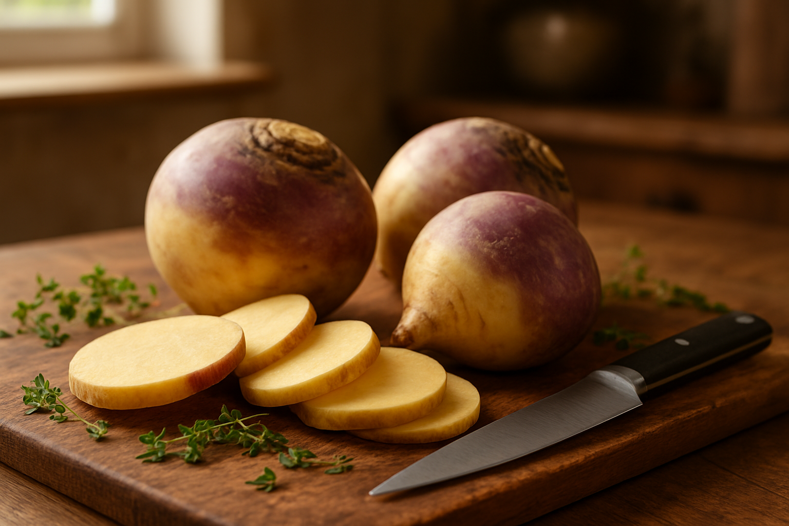 Create a realistic image of fresh rutabaga vegetables as the main focus, with some whole rutabagas showing their characteristic purple-topped, cream-colored skin and a few sliced pieces revealing the pale yellow interior flesh, arranged on a rustic wooden cutting board alongside a sharp kitchen knife, with scattered fresh herbs like thyme or parsley, set against a warm kitchen counter background with soft natural lighting from a nearby window, creating an inviting culinary atmosphere that summarizes the complete understanding of rutabaga from garden to table, absolutely NO text should be in the scene.