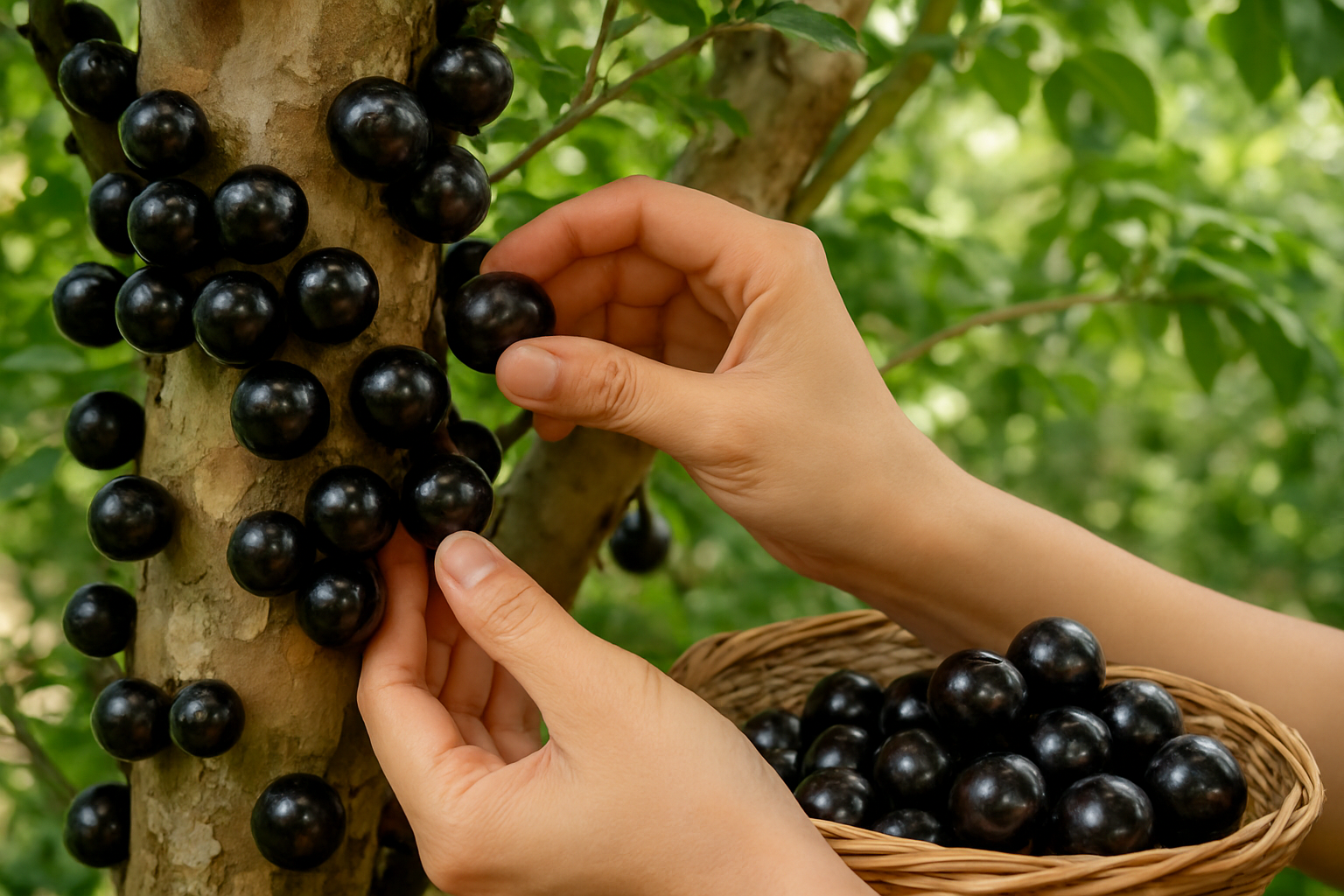Create a realistic image of hands carefully examining fresh jabuticaba fruits growing directly on tree trunks, showing the distinctive dark purple-black round fruits clustered on smooth bark, with some fruits in a woven basket nearby, soft natural daylight filtering through leaves, close-up view highlighting the unique cauliflory growth pattern and glossy fruit surface texture, lush green foliage in the background, absolutely NO text should be in the scene.