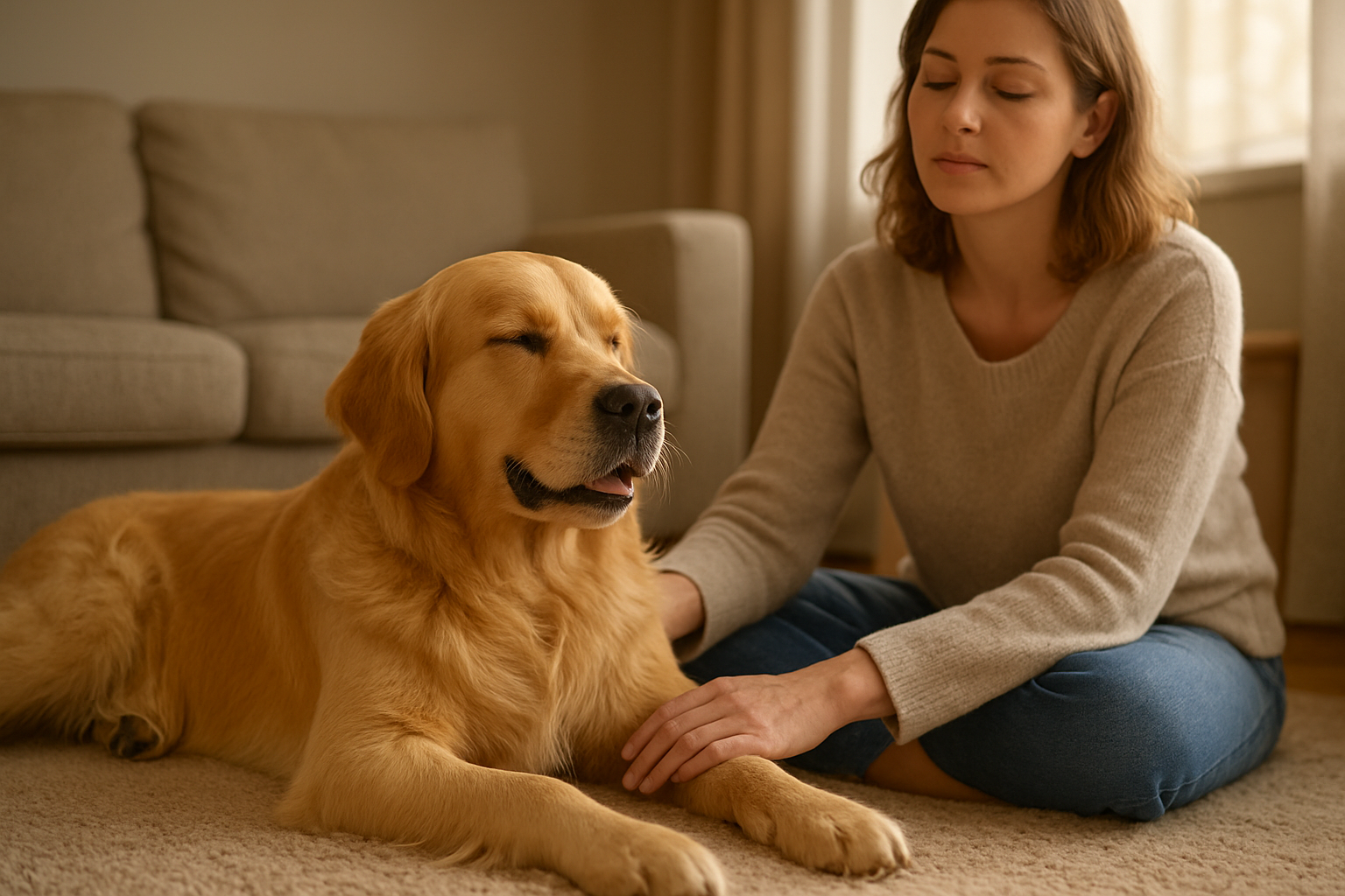Create a realistic image of a calm golden retriever dog lying down in a relaxed position with slightly closed eyes, breathing peacefully, while a white female dog owner sits beside the dog with her hand gently placed on the dog's chest, both positioned on a soft carpet in a quiet, warmly lit living room with soft natural lighting streaming through a window, creating a serene and tranquil atmosphere that demonstrates breathing techniques for calming an anxious dog, absolutely NO text should be in the scene.