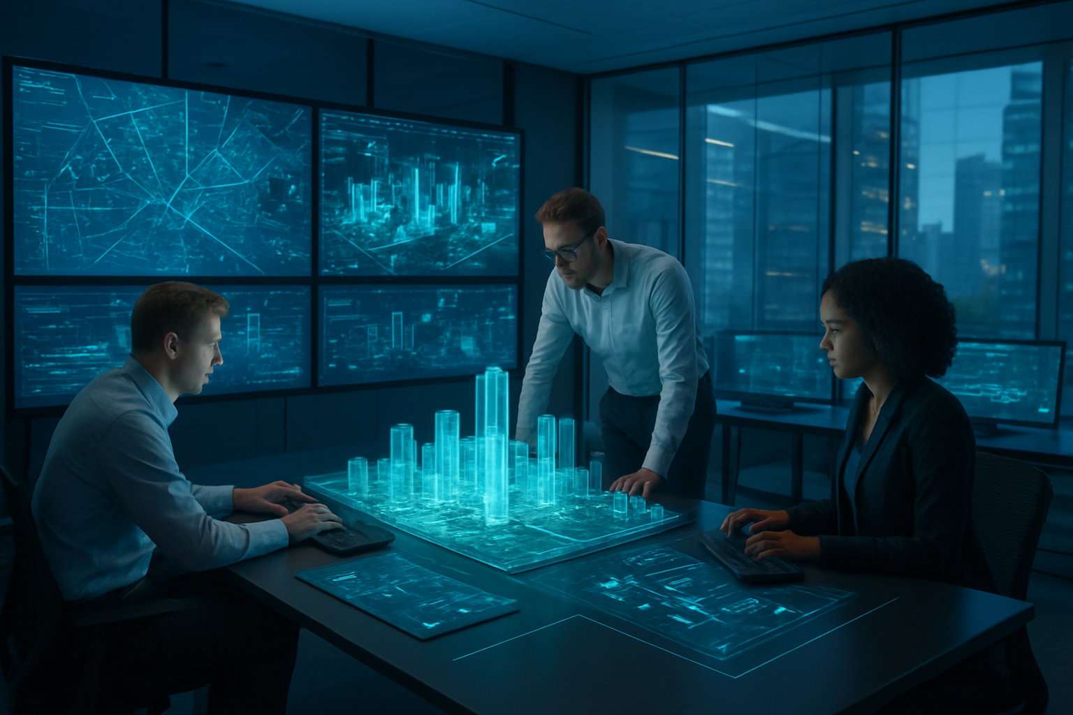 Create a realistic image of a modern urban planning control room with multiple large wall-mounted screens displaying 3D digital city models, interactive maps with real-time data overlays, and holographic building projections floating above a central planning table, featuring two white male urban planners and one black female data analyst working collaboratively around high-tech workstations with glowing blue and green data visualizations, set in a sleek contemporary office environment with glass walls overlooking a modern cityscape, bathed in cool LED lighting with ambient blue glows from the digital displays creating a futuristic atmosphere, absolutely NO text should be in the scene.