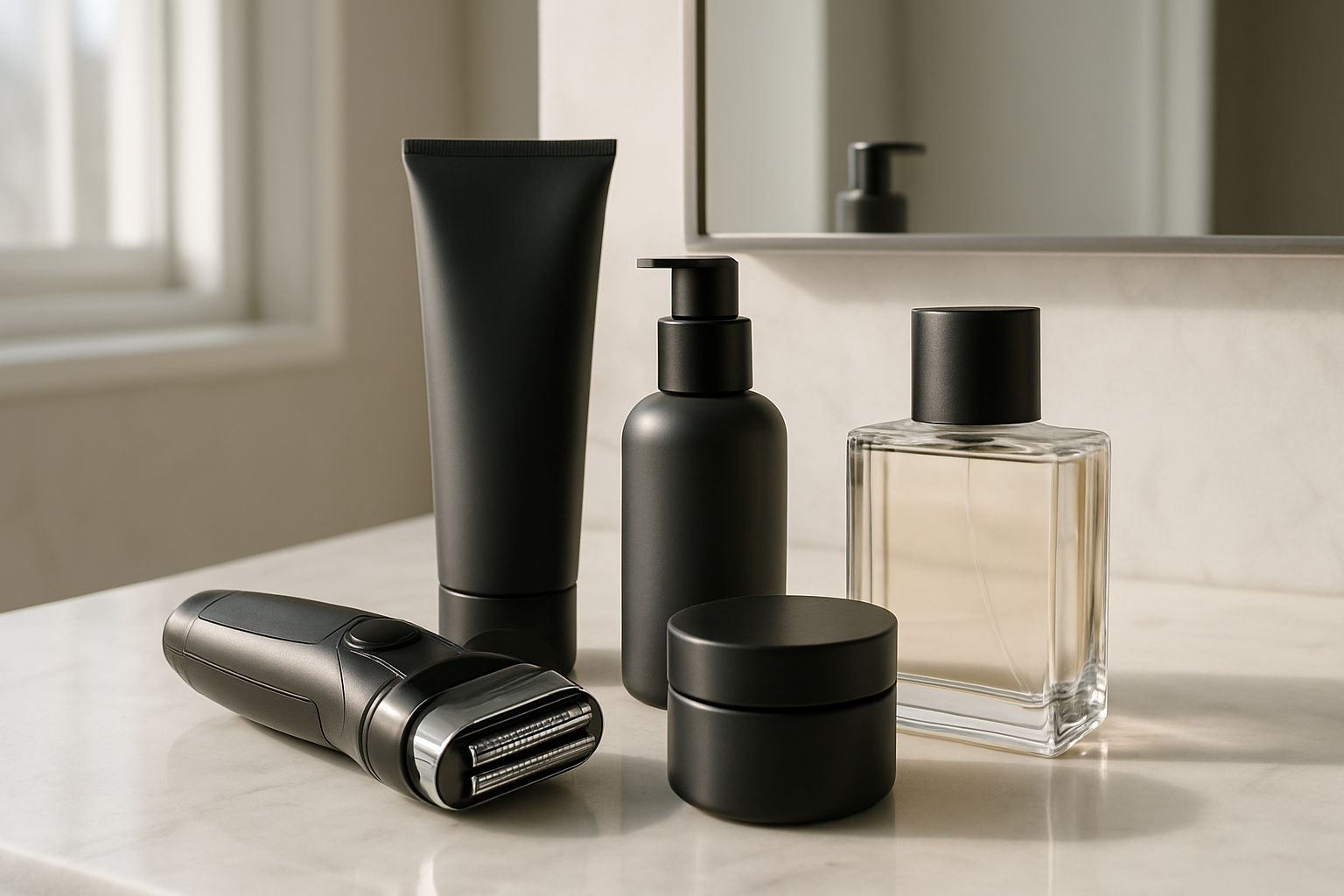Create a realistic image of premium men's grooming products elegantly arranged on a modern bathroom counter, including a sleek electric razor, luxury shaving cream, aftershave balm, face moisturizer, and cologne bottle, with soft natural lighting streaming through a window creating gentle shadows, set against a clean white marble countertop with a minimalist bathroom mirror in the background, conveying a sophisticated and masculine self-care atmosphere, absolutely NO text should be in the scene.